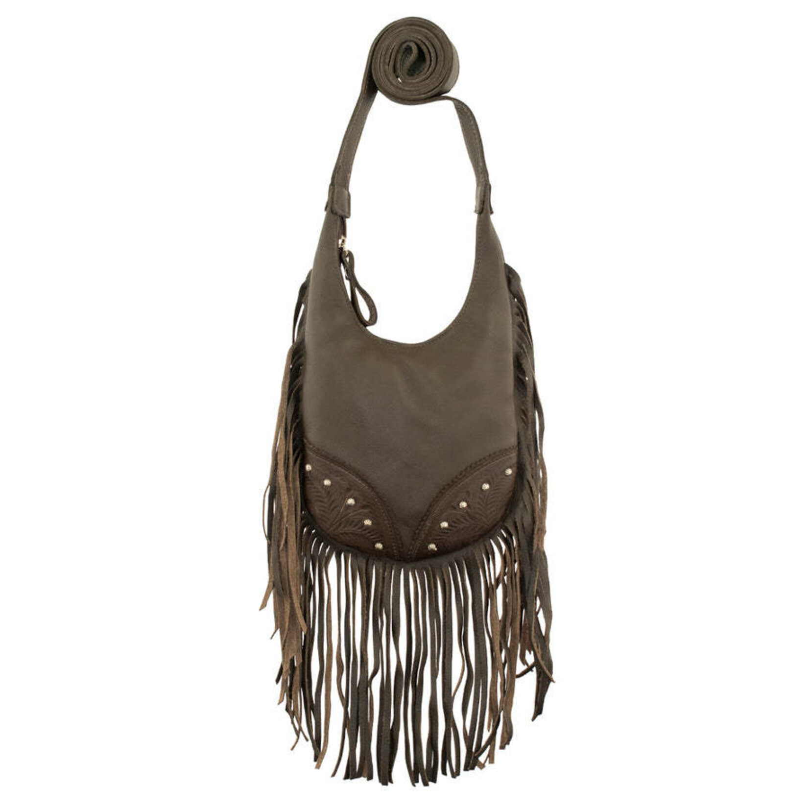 American West Chocolate Brown Leather :  Small Fringed Cowgirl Crossbody Hobo with Fringe