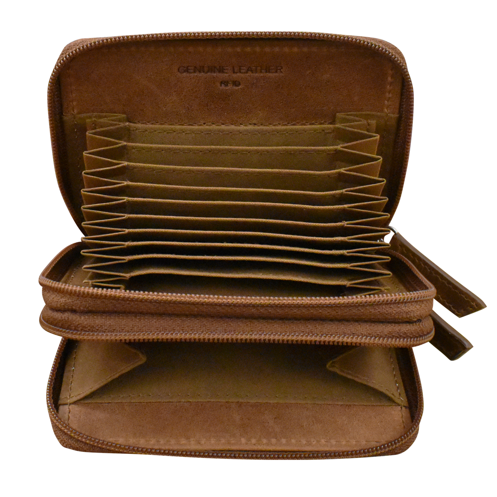 Leather Handbags and Accessories 6714 Rustic Brown - RFID Double Zip Accordion Card Holder