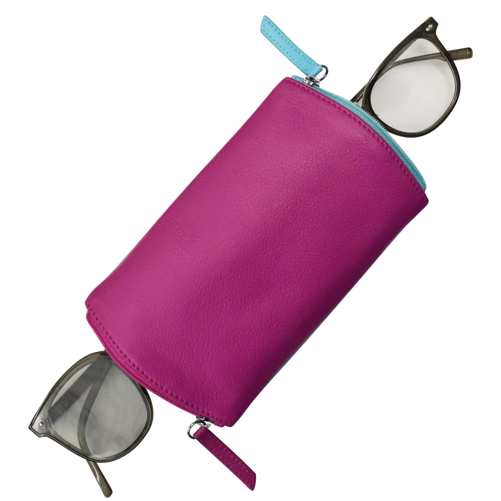 Leather Handbags and Accessories 6571 Two Tone Double Zip Eyeglass Case - Aegean Blue / Orchid
