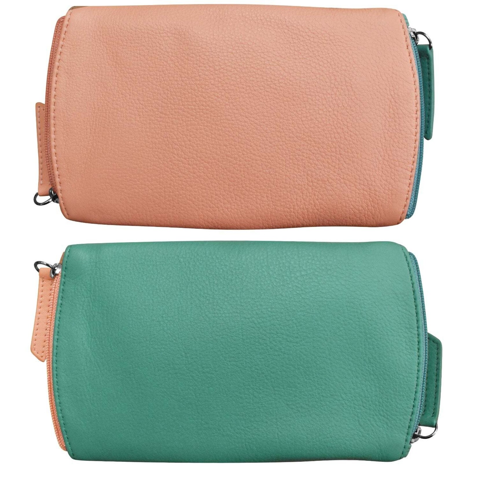 Leather Handbags and Accessories 6571 Two Tone Double Zip Eyeglass Case - Peach / Turquoise