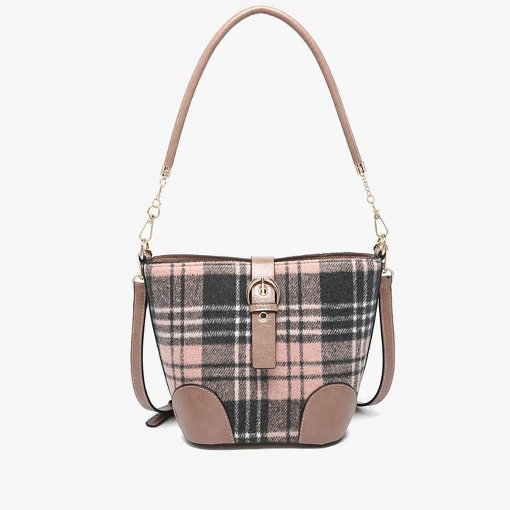 Jen & Co M2736 Georgina Plaid Contrast Bucket Bag - Pink/Grey