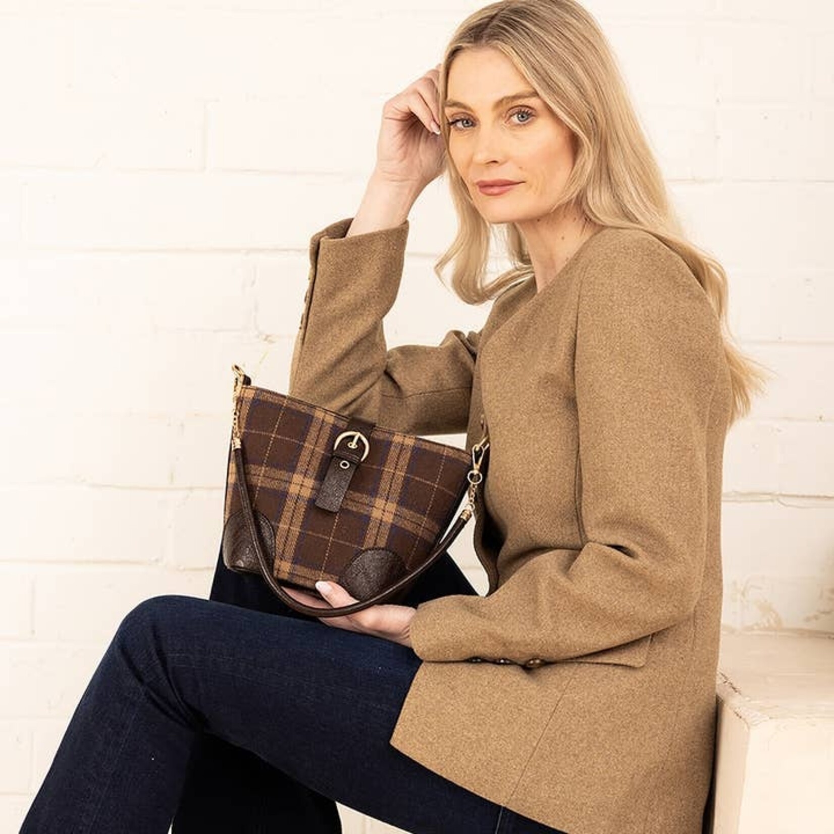 Jen & Co M2736 Georgina Plaid Contrast Bucket Bag - Pink/Grey