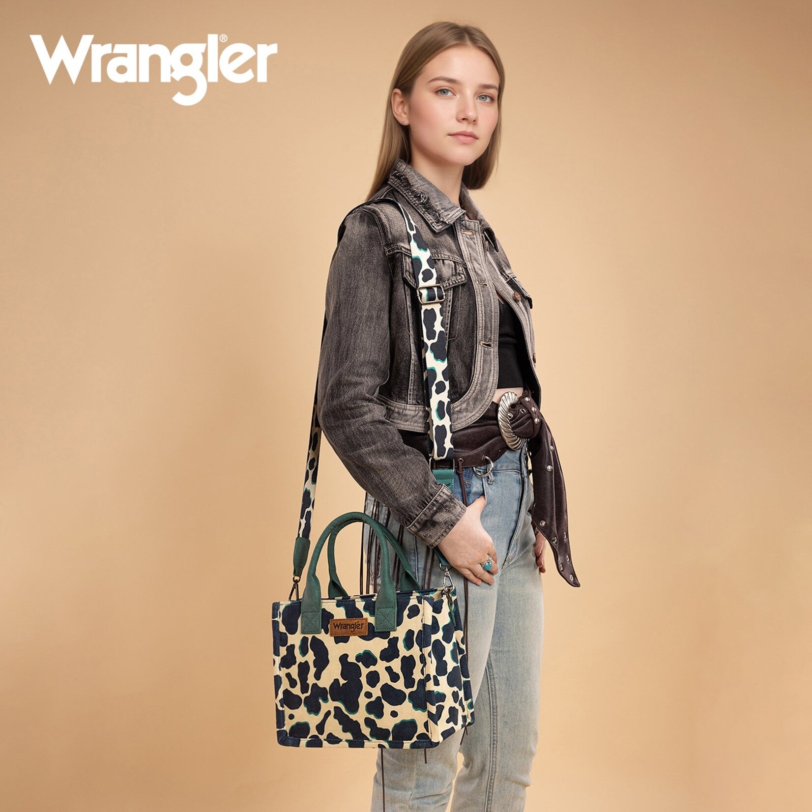 Montana West USA WG264-8120DTQ - Dark Turquoise - Wrangler Cow Print CC Tote/Crossbody