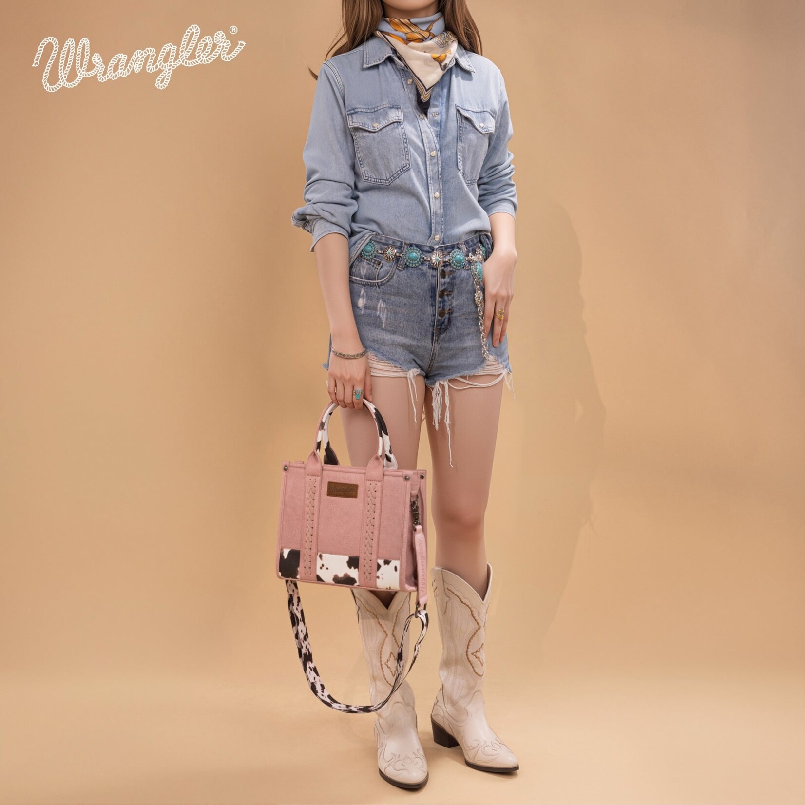 Montana West USA WG102-8120SPK - Hot Pink - Wrangler Cow Print CC Tote / Crossbody