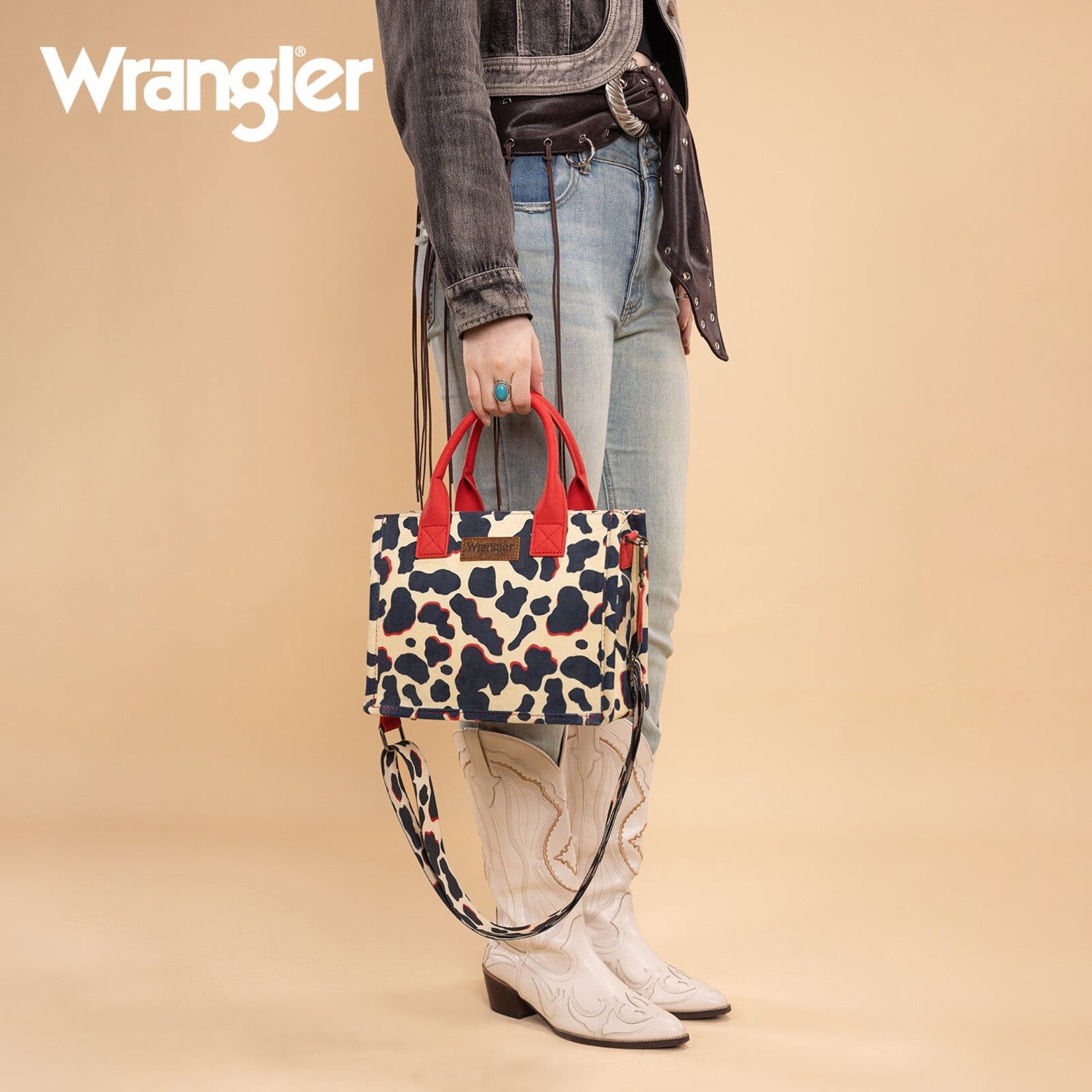 Montana West USA WG264-8120RD - Red - Wrangler Cow Print CC Tote/Crossbody