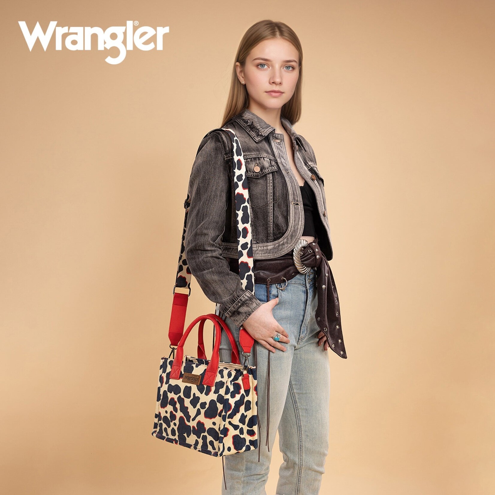Montana West USA WG264-8120RD - Red - Wrangler Cow Print CC Tote/Crossbody