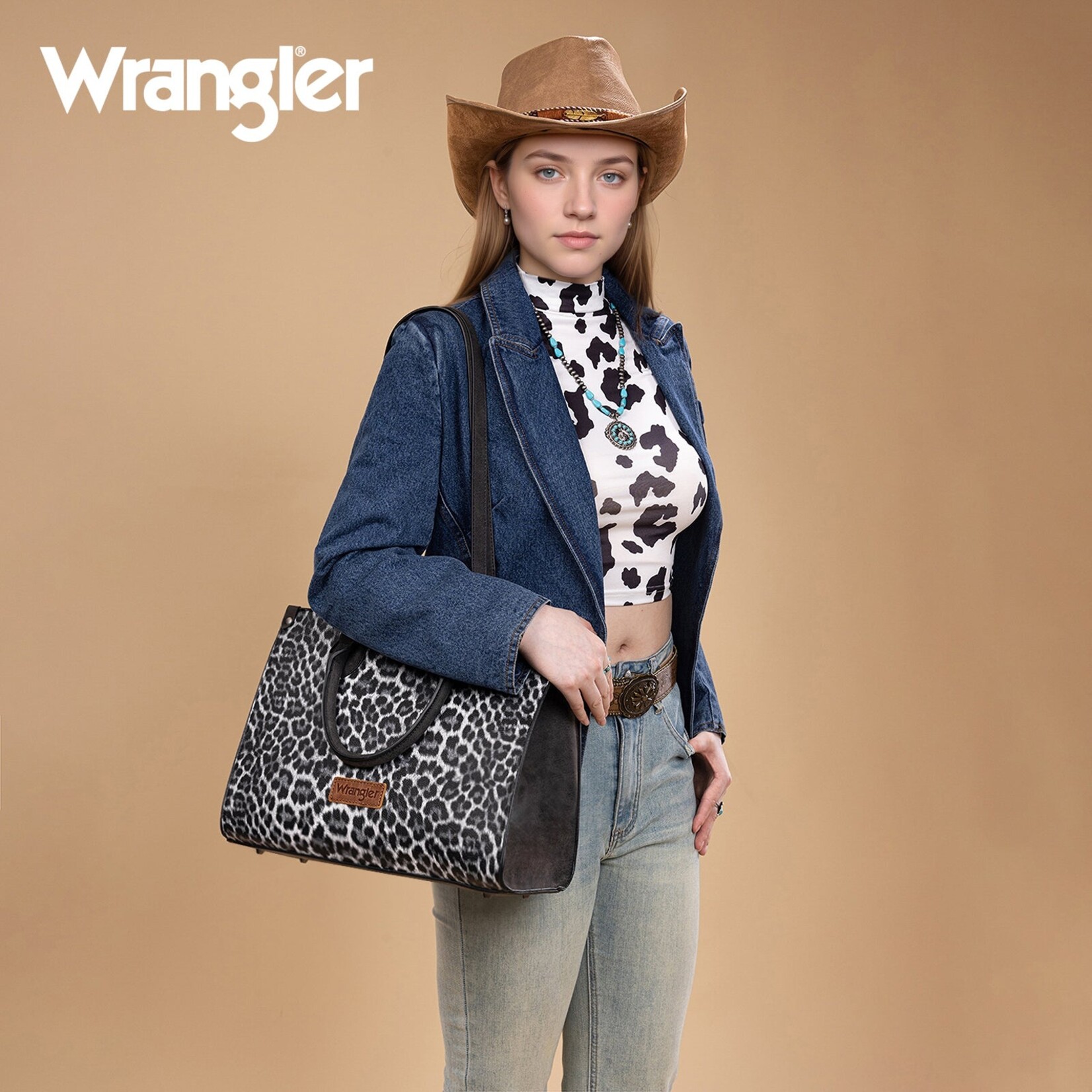 Montana West USA WG296-8625BK - Black - Wrangler Leopard Print Wide Tote / Crossbody