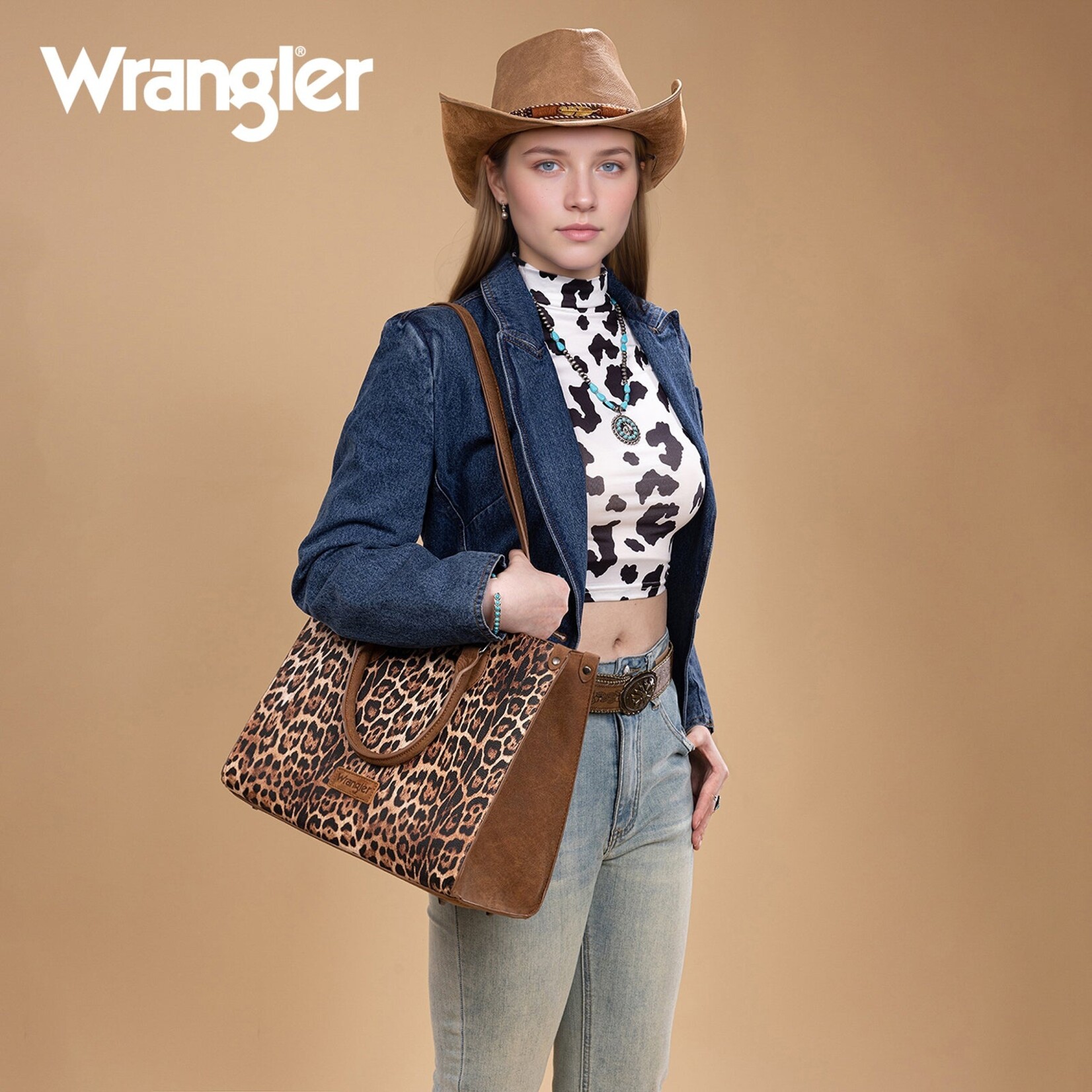 Montana West USA WG296-8625BR - Brown - Wrangler Leopard Print Wide Tote / Crossbody