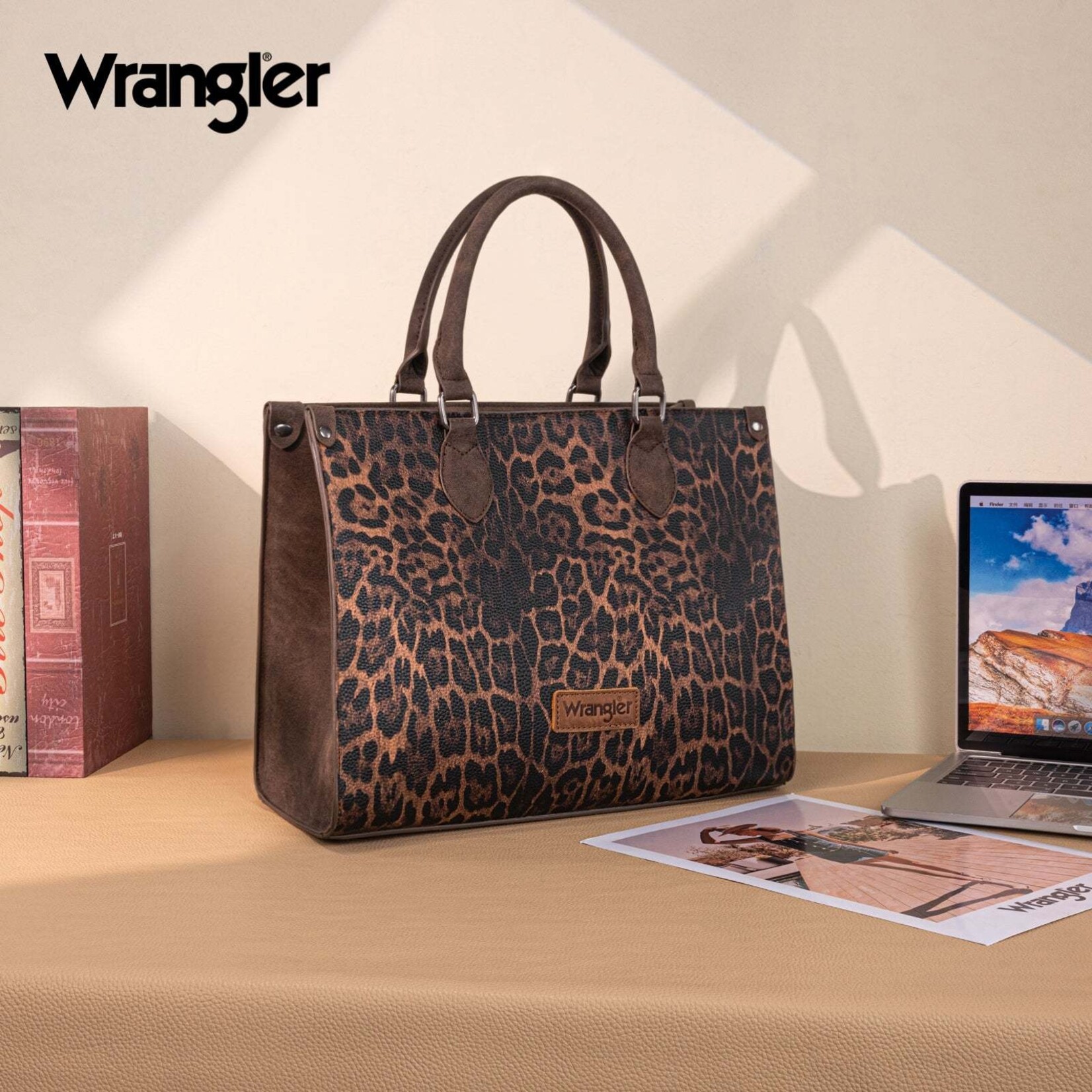 Montana West USA WG296-8625CF - Cafe - Wrangler Leopard Print Wide Tote / Crossbody