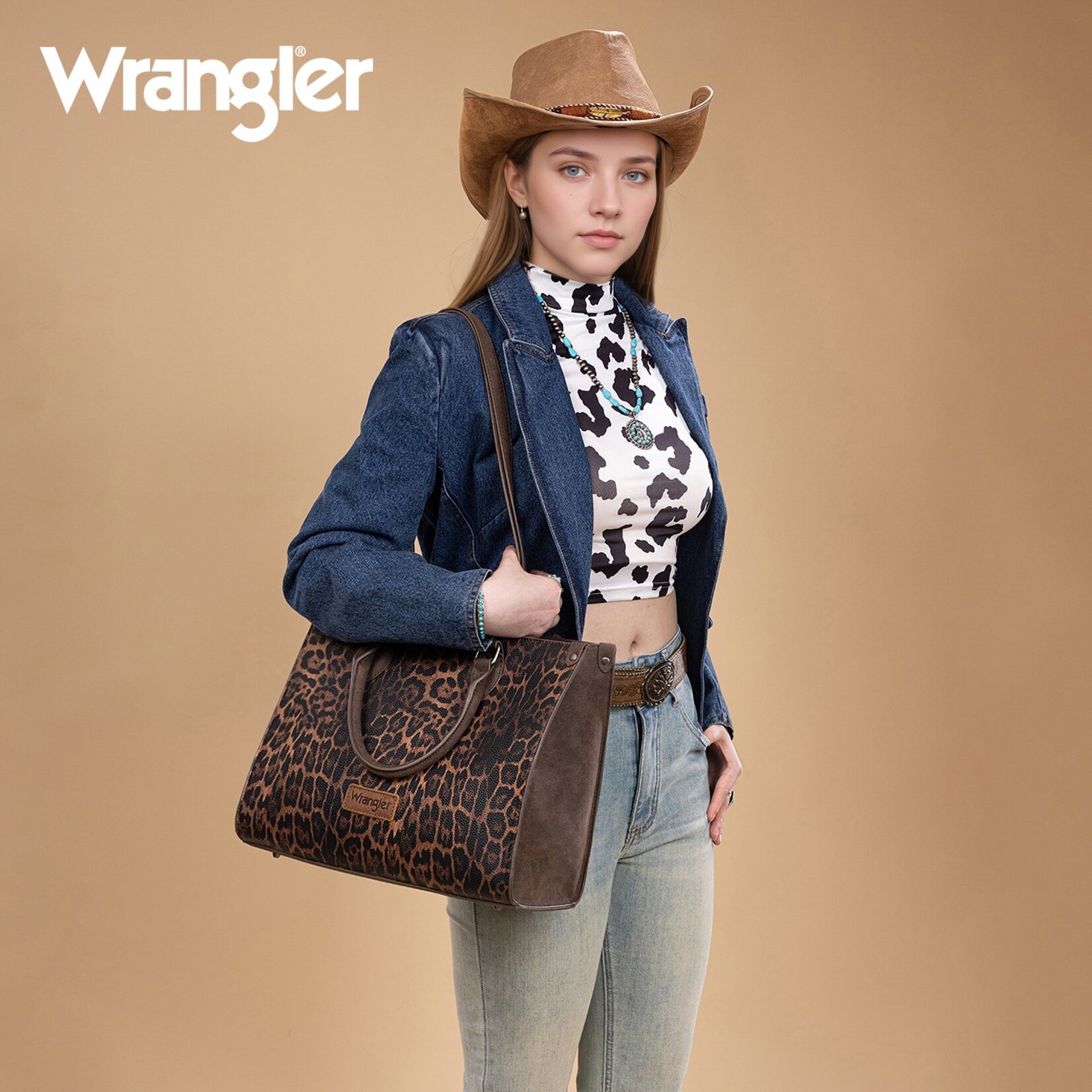 Montana West USA WG296-8625CF - Cafe - Wrangler Leopard Print Wide Tote / Crossbody