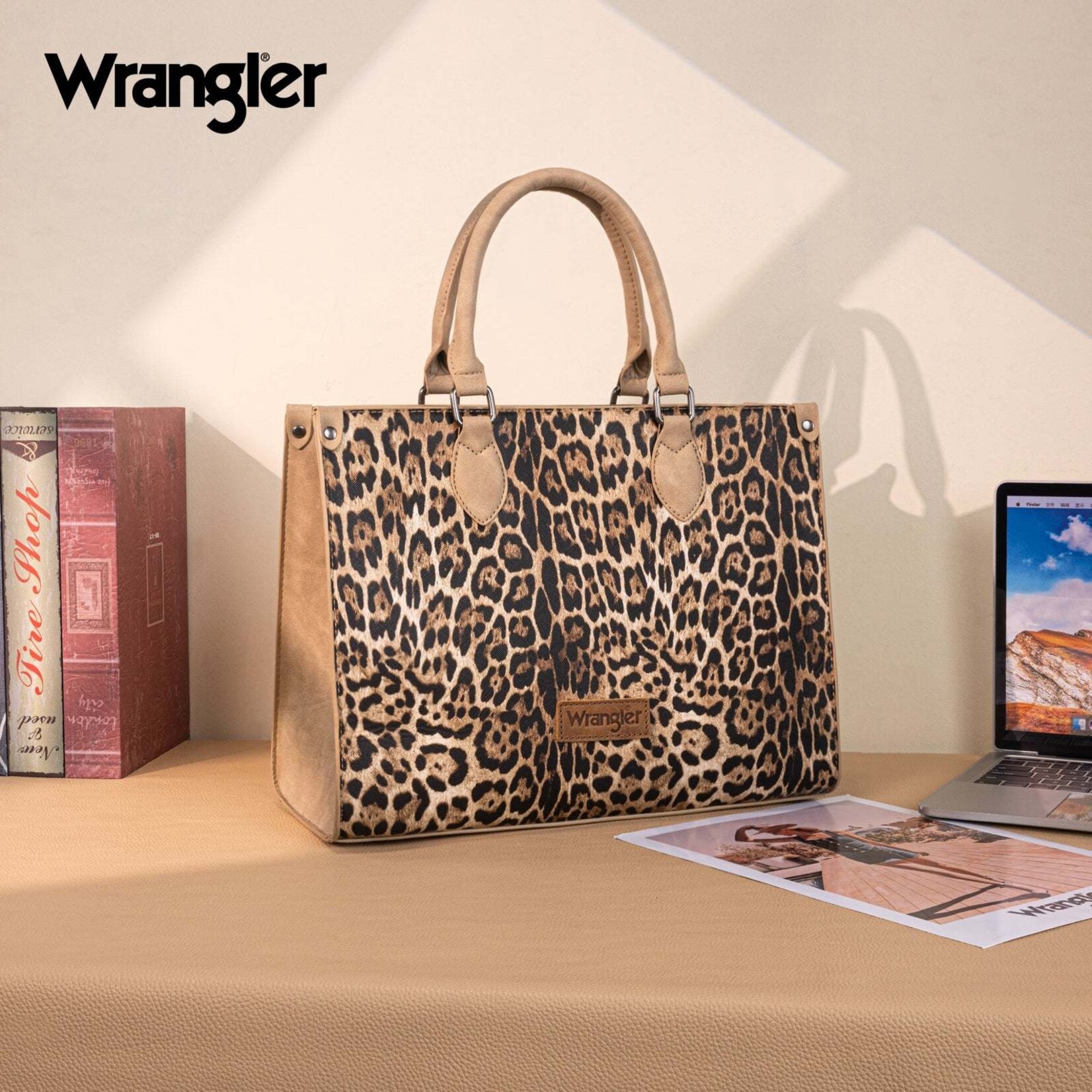 Montana West USA WG296-8625TN - Tan - Wrangler Leopard Print Wide Tote / Crossbody