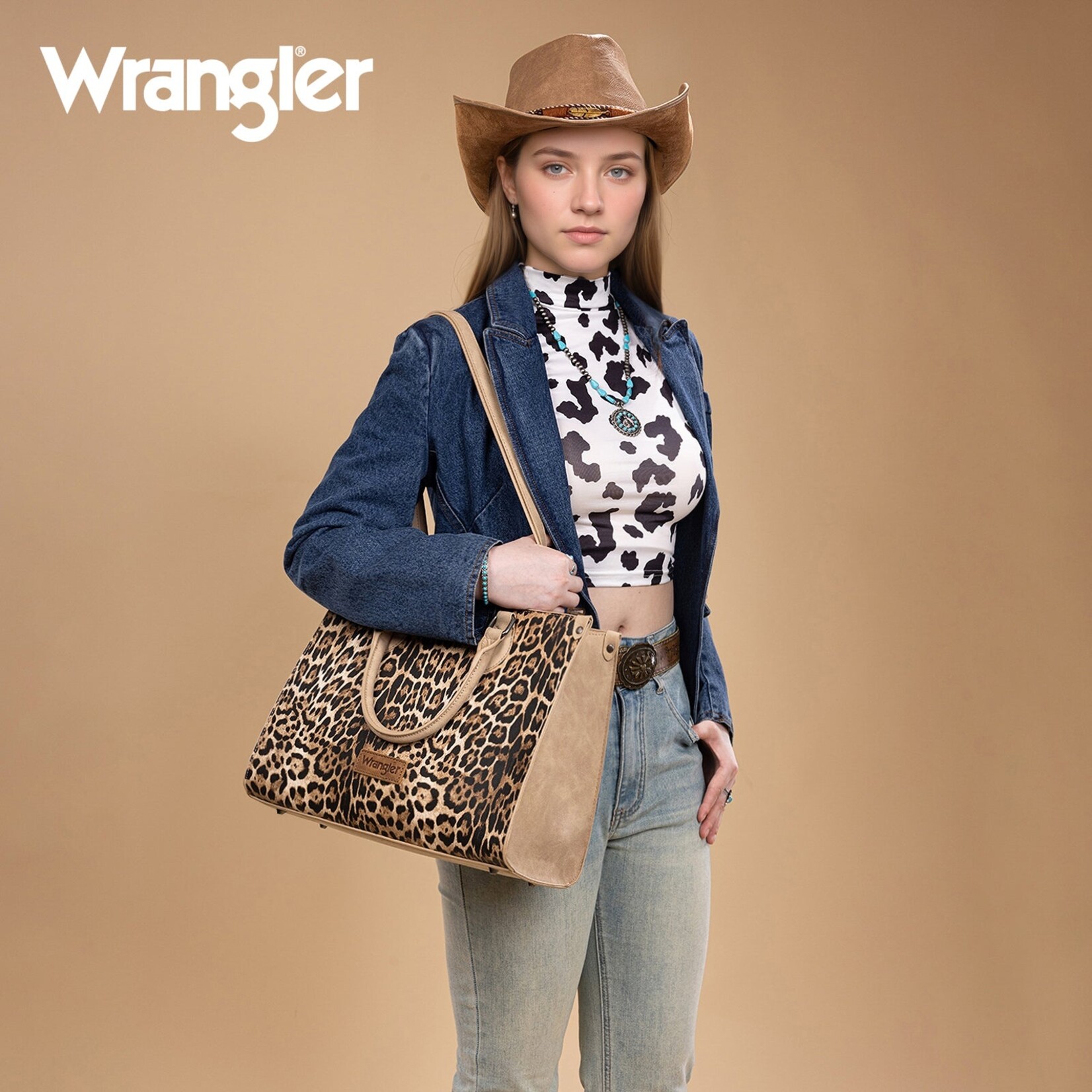 Montana West USA WG296-8625TN - Tan - Wrangler Leopard Print Wide Tote / Crossbody