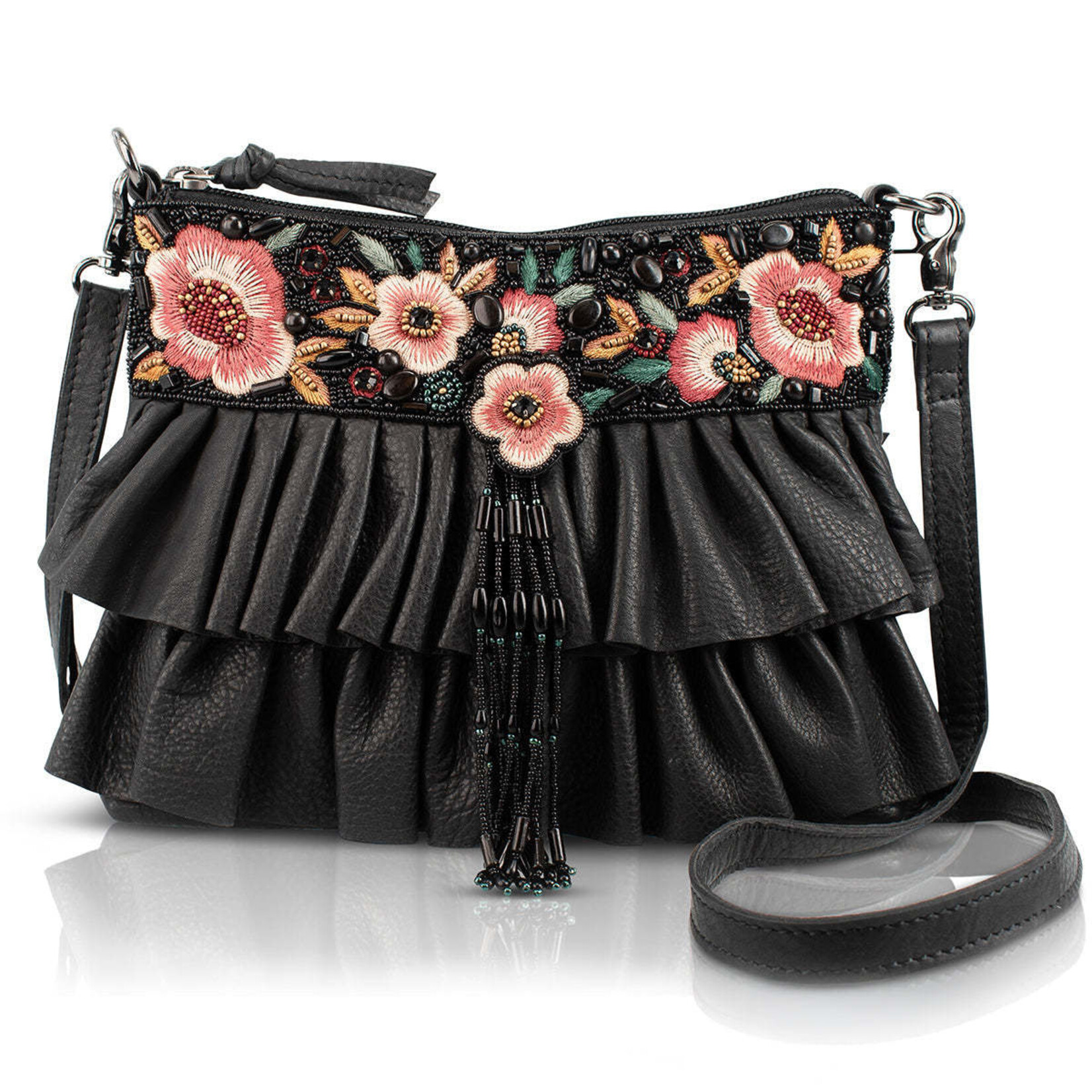 Mary Frances Accessories BAG N628 Floral Flair Black Embroidered Ruffle Handbag