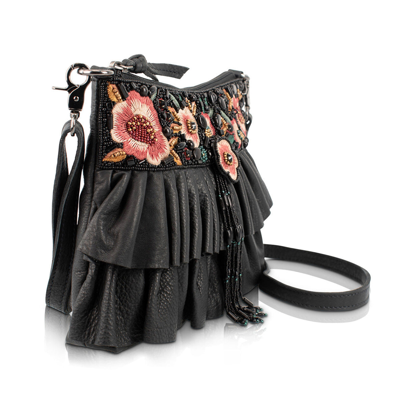Mary Frances Accessories BAG N628 Floral Flair Black Embroidered Ruffle Handbag