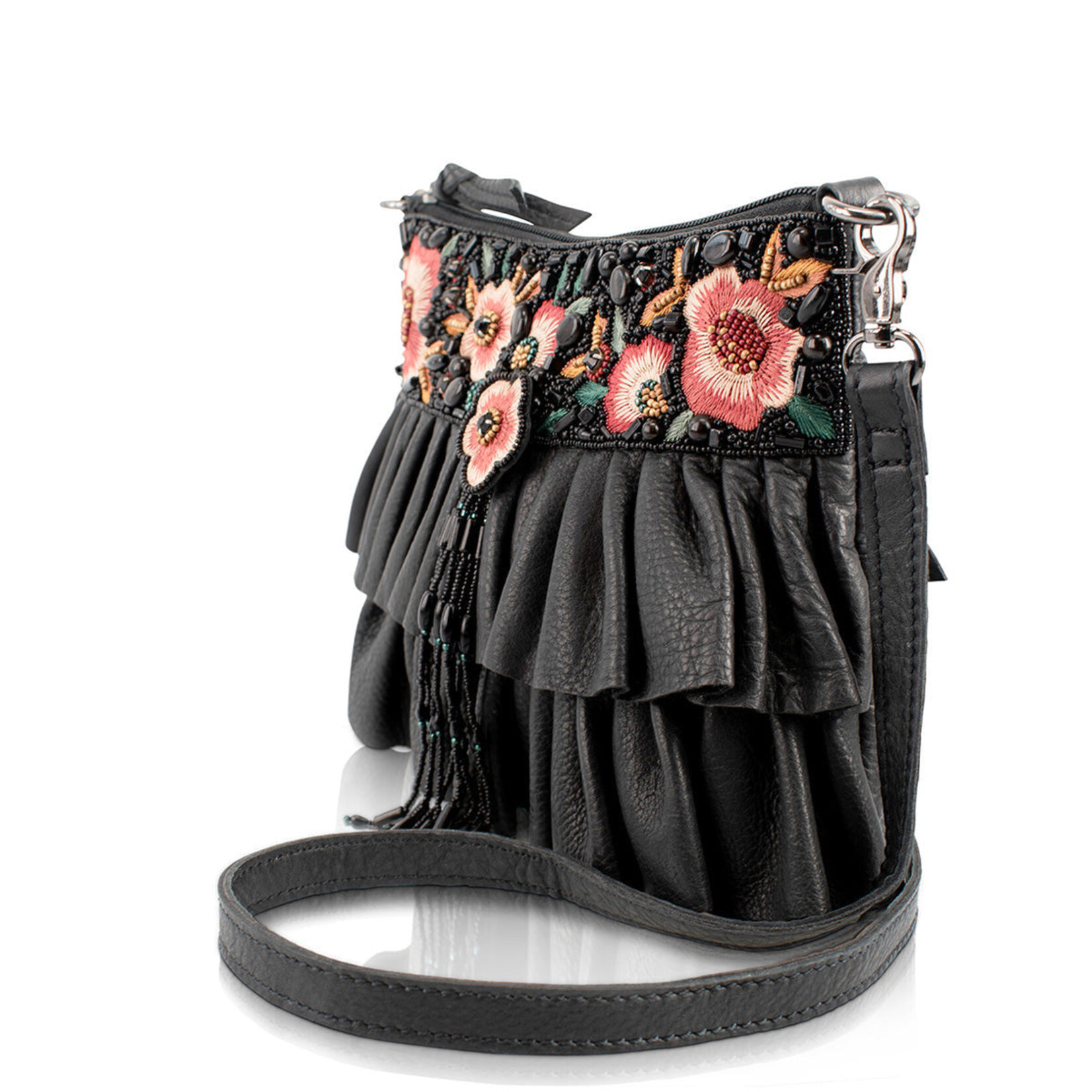 Mary Frances Accessories BAG N628 Floral Flair Black Embroidered Ruffle Handbag