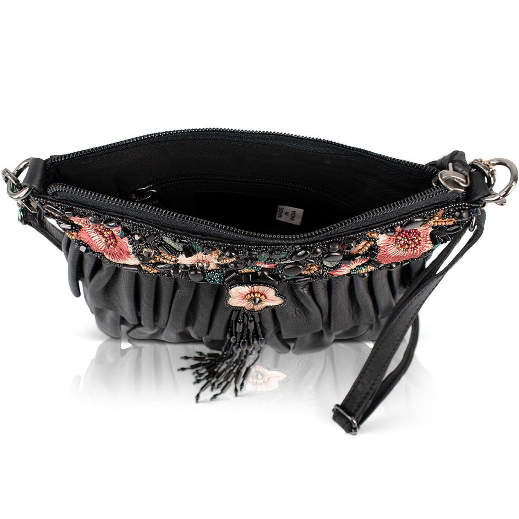 Mary Frances Accessories BAG N628 Floral Flair Black Embroidered Ruffle Handbag