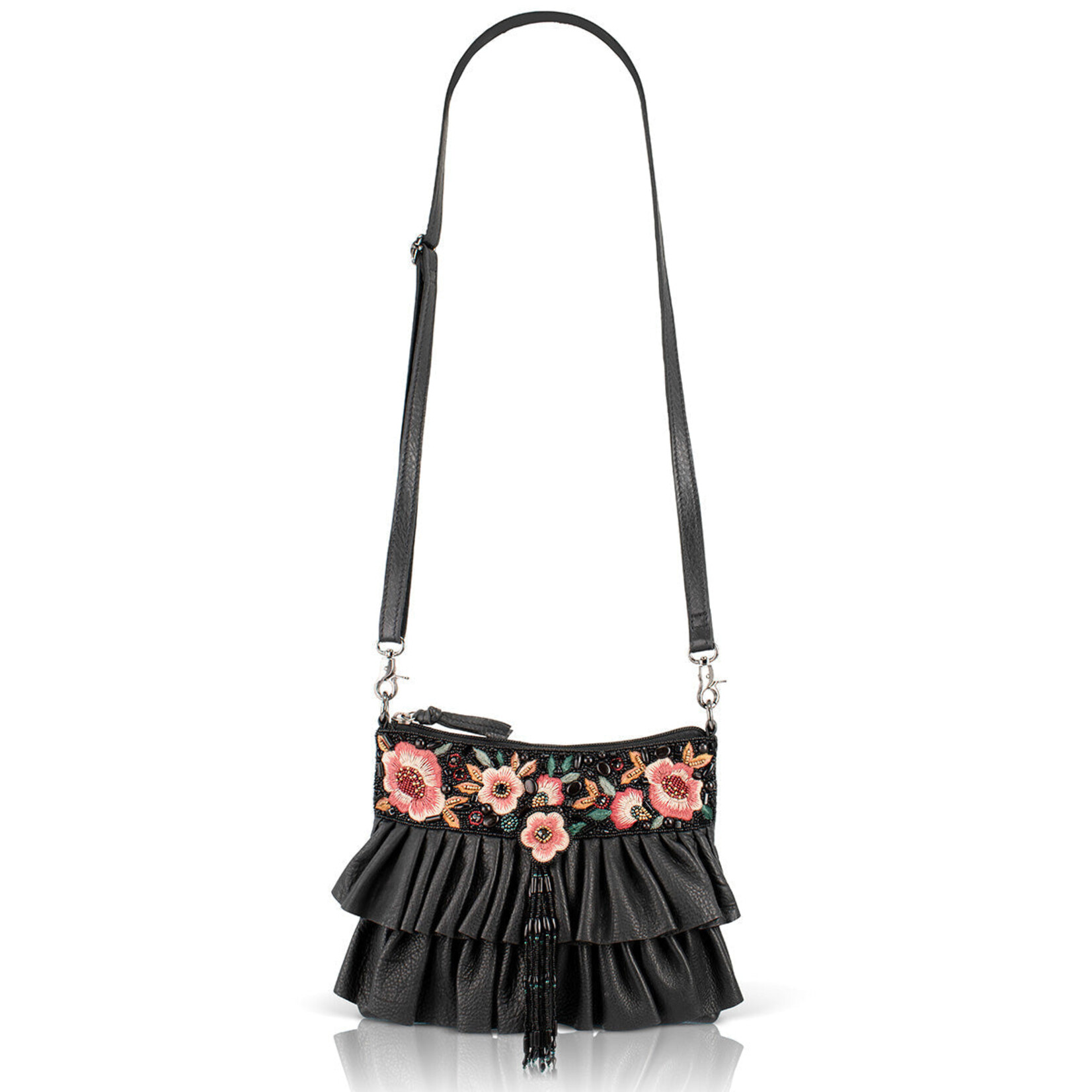 Mary Frances Accessories BAG N628 Floral Flair Black Embroidered Ruffle Handbag