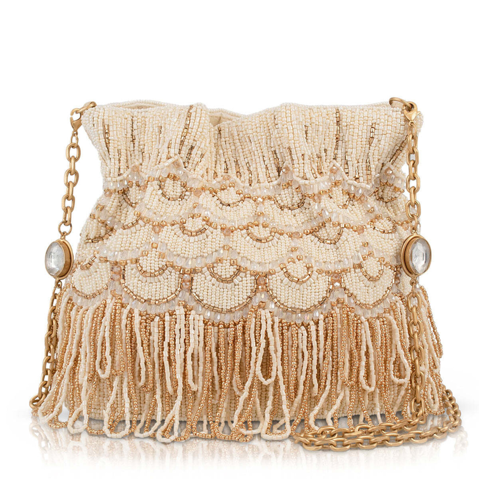 Mary Frances Accessories BAG S002-591 Dance All Night Ivory and Gold Scallops and Drape Handbag