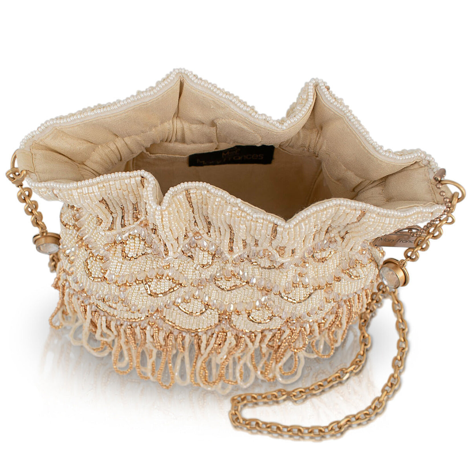 Mary Frances Accessories BAG S002-591 Dance All Night Ivory and Gold Scallops and Drape Handbag
