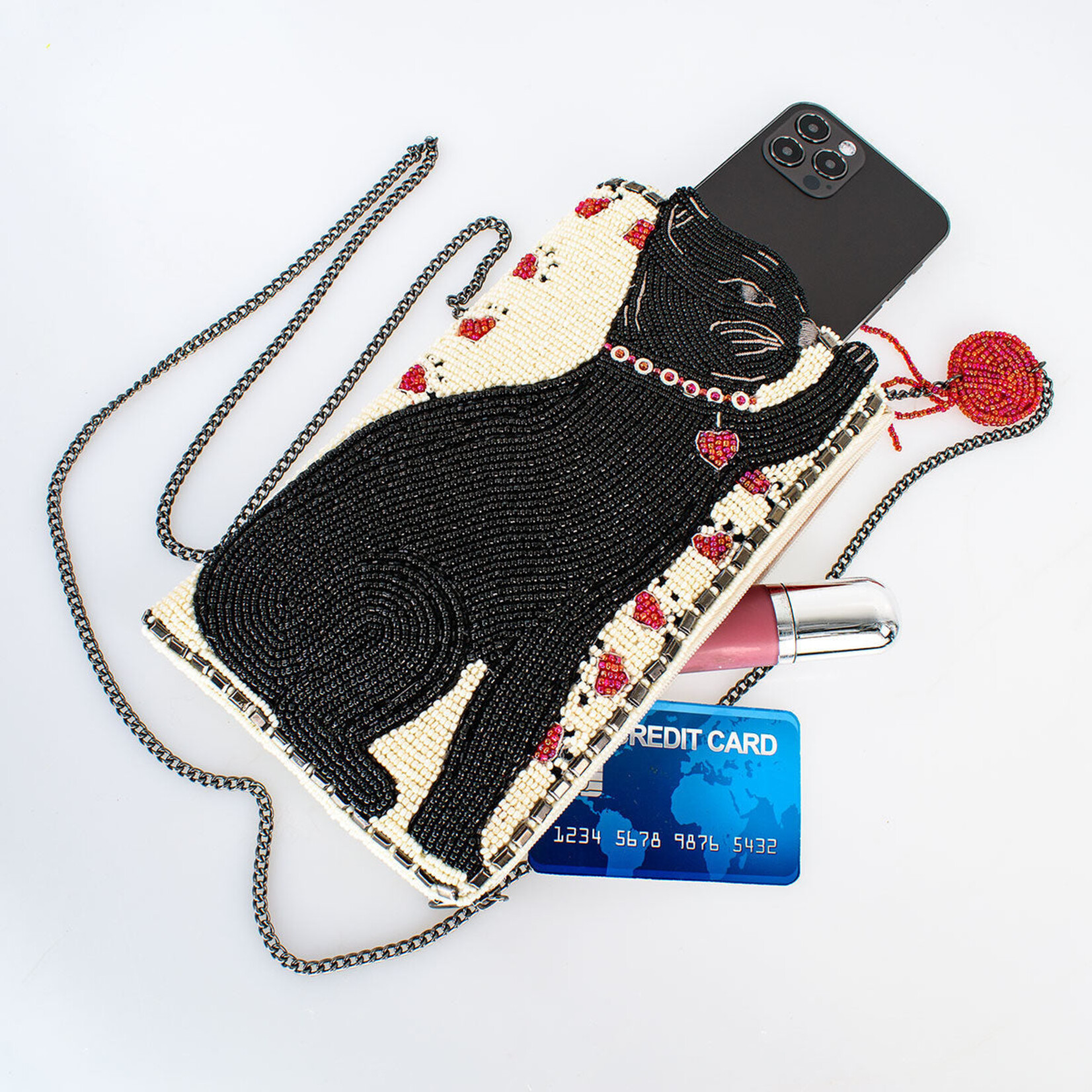 Mary Frances Accessories CPGP S002-496 Purr-Suit Kitty Cat and Yarn Crossbody Beaded Phone Bag