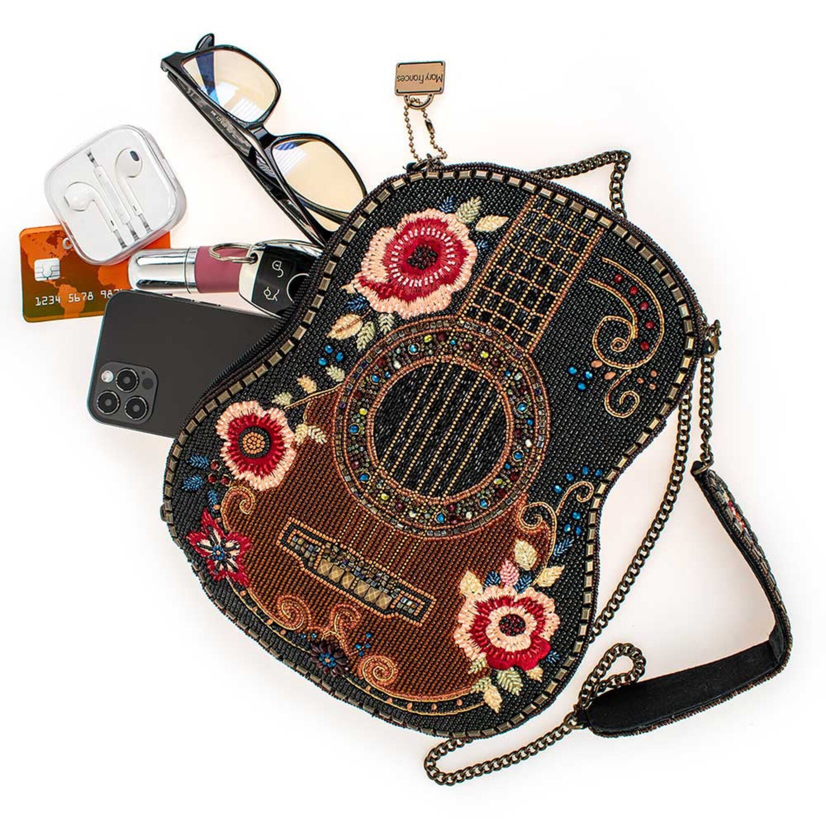Mary Frances Accessories S002-447 Classical Vibe Beaded Guitar Crossbody Bag