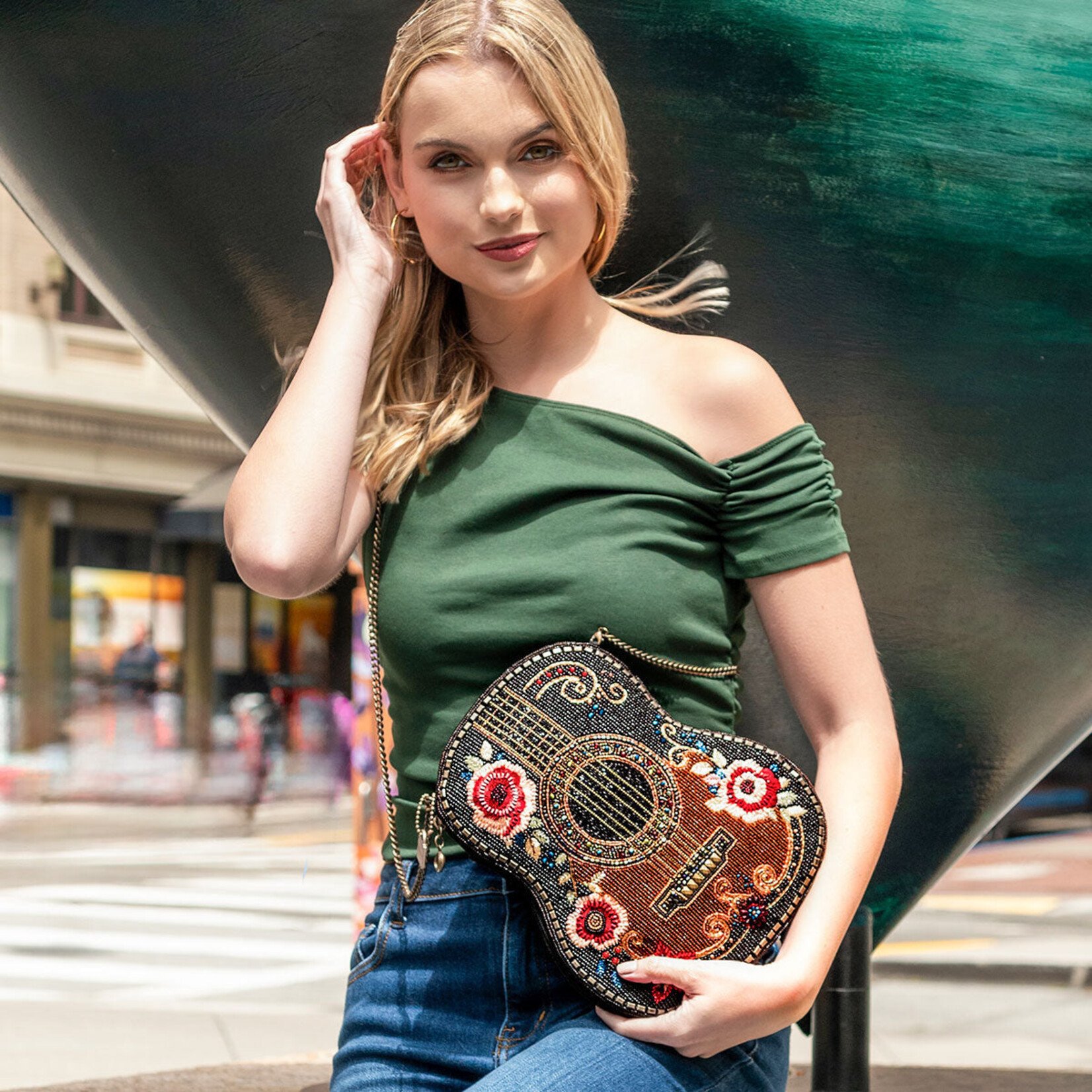 Mary Frances Accessories S002-447 Classical Vibe Beaded Guitar Crossbody Bag