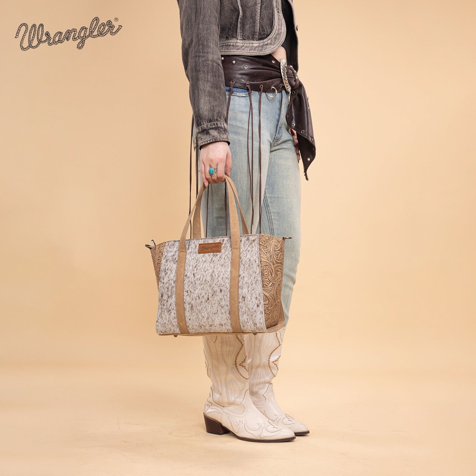 Wrangler WG252-8012TN - Tan - Wrangler Genuine Hair-On Cowhide Tote/Crossbody