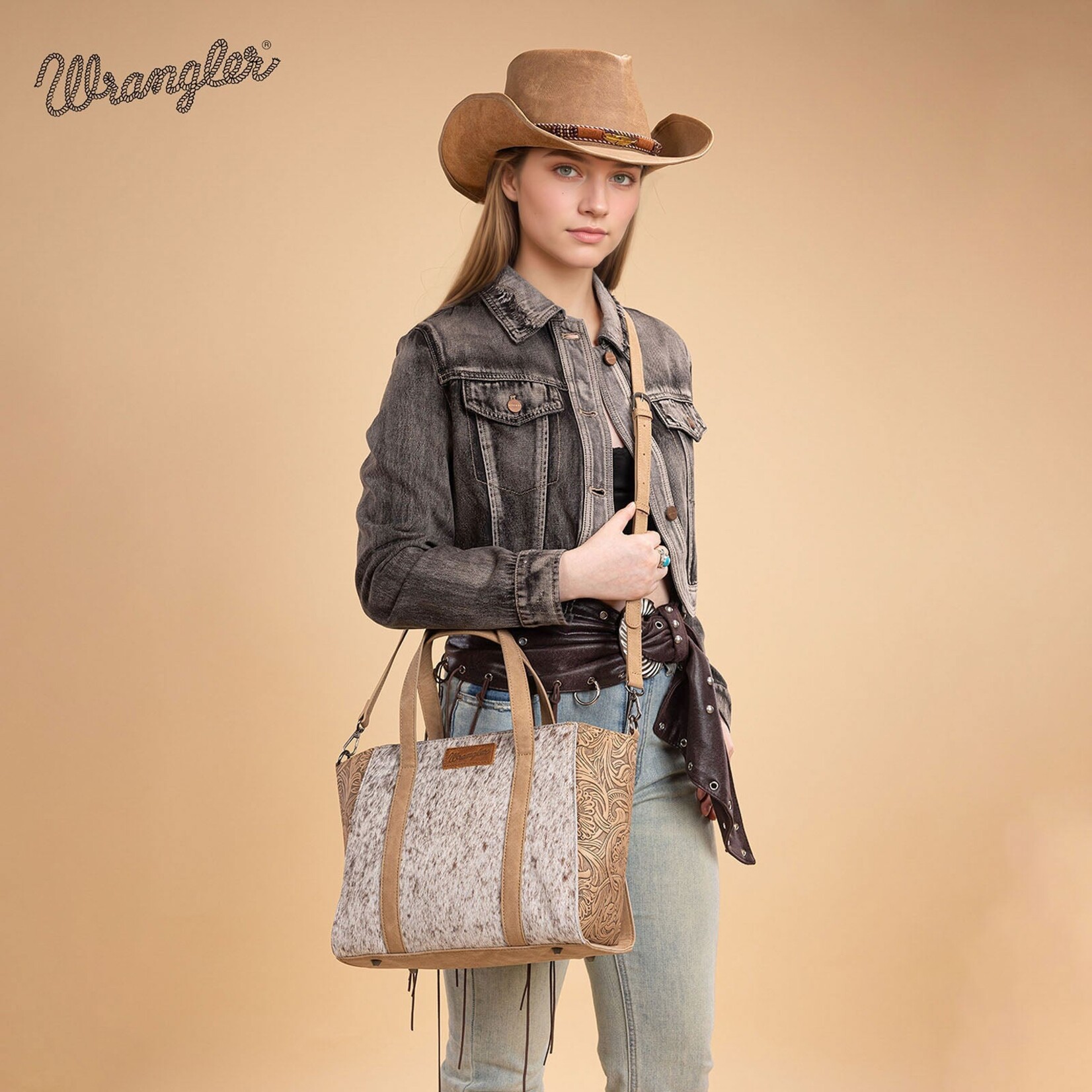 Wrangler WG252-8012TN - Tan - Wrangler Genuine Hair-On Cowhide Tote/Crossbody