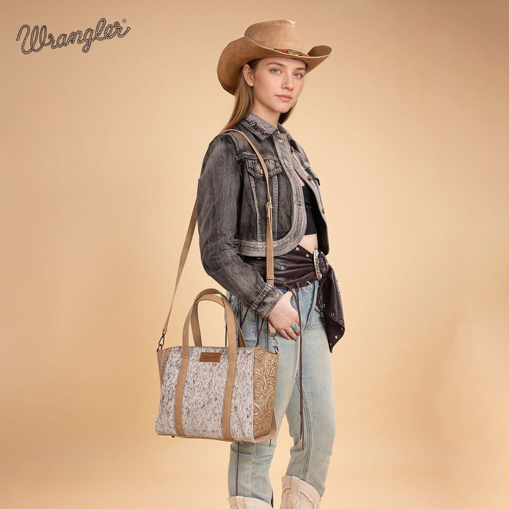 Wrangler WG252-8012TN - Tan - Wrangler Genuine Hair-On Cowhide Tote/Crossbody