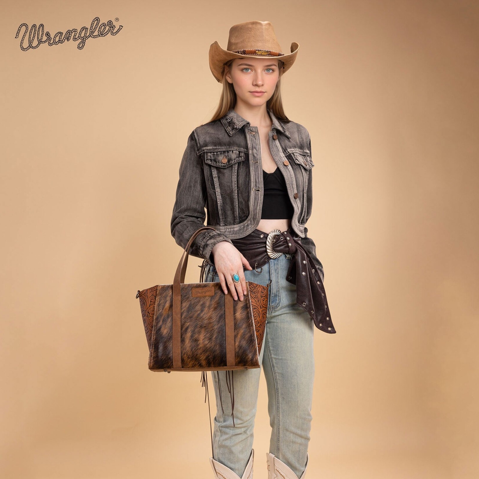 Wrangler WG252-8012BR - Brown - Wrangler Genuine Hair-On Cowhide Tote/Crossbody
