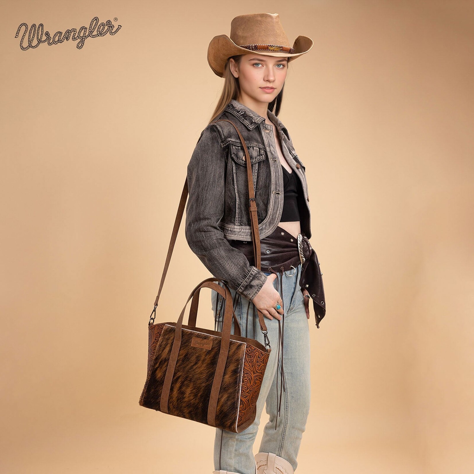 Wrangler WG252-8012BR - Brown - Wrangler Genuine Hair-On Cowhide Tote/Crossbody