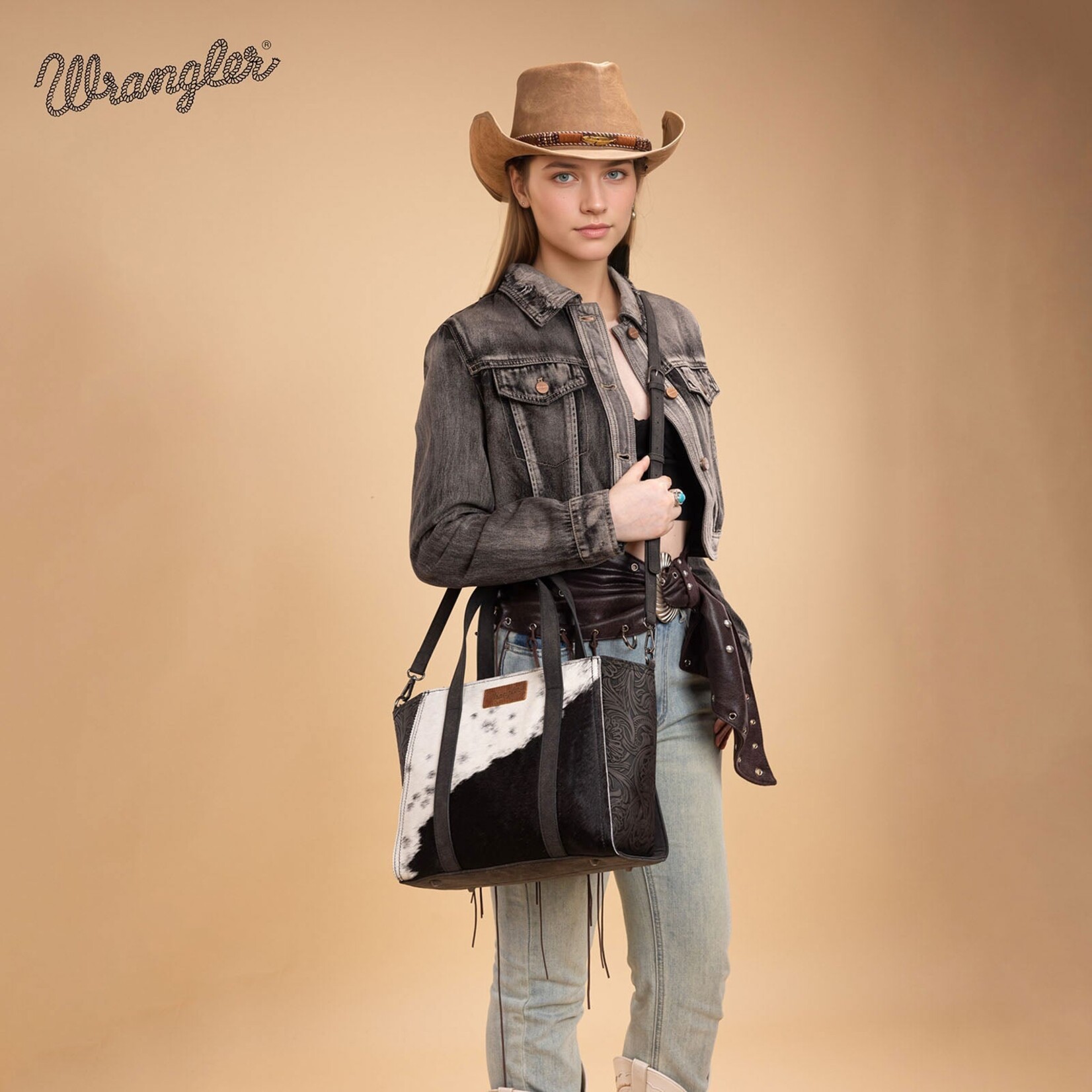 Wrangler WG252-8012BK - Black - Wrangler Genuine Hair-On Cowhide Tote/Crossbody