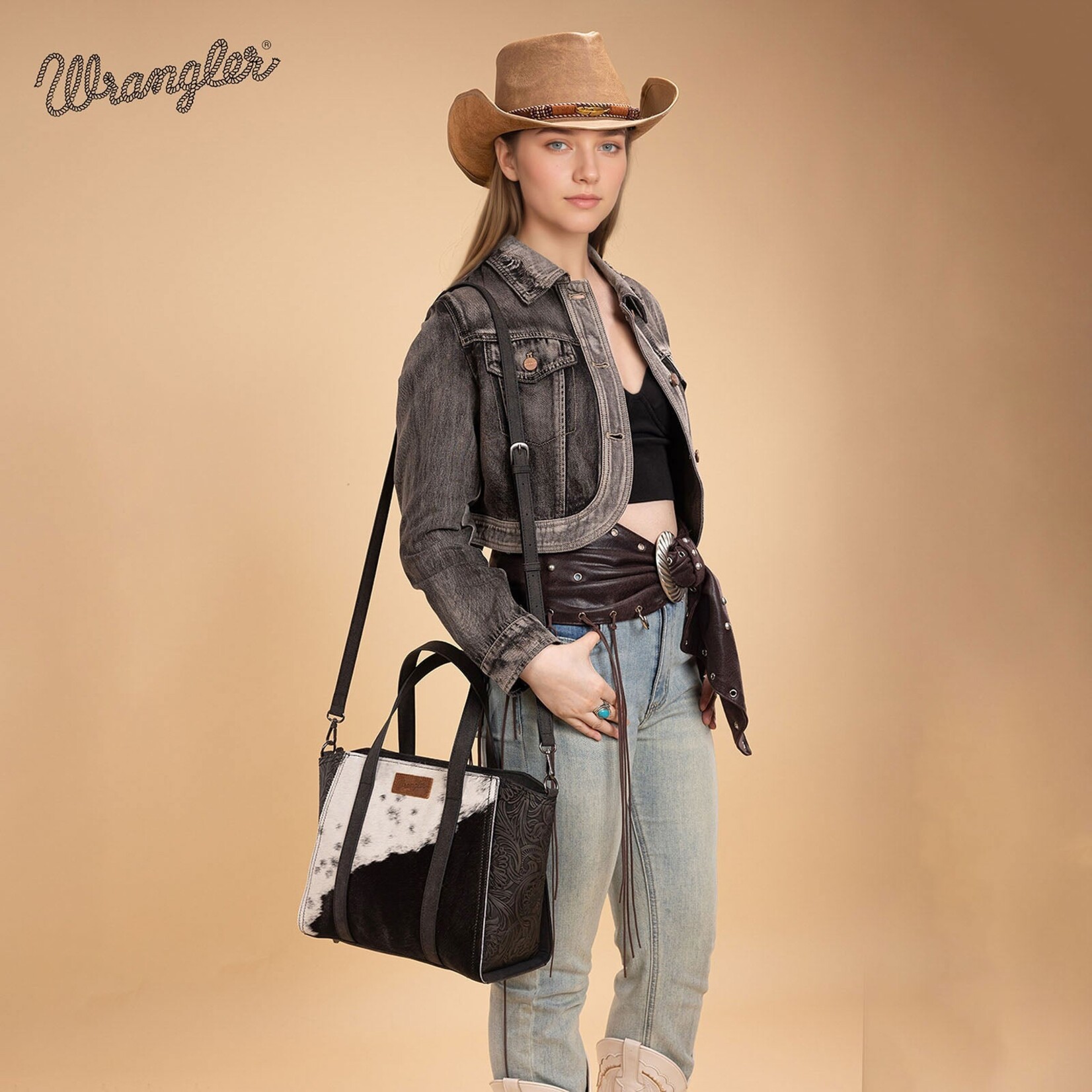 Wrangler WG252-8012BK - Black - Wrangler Genuine Hair-On Cowhide Tote/Crossbody