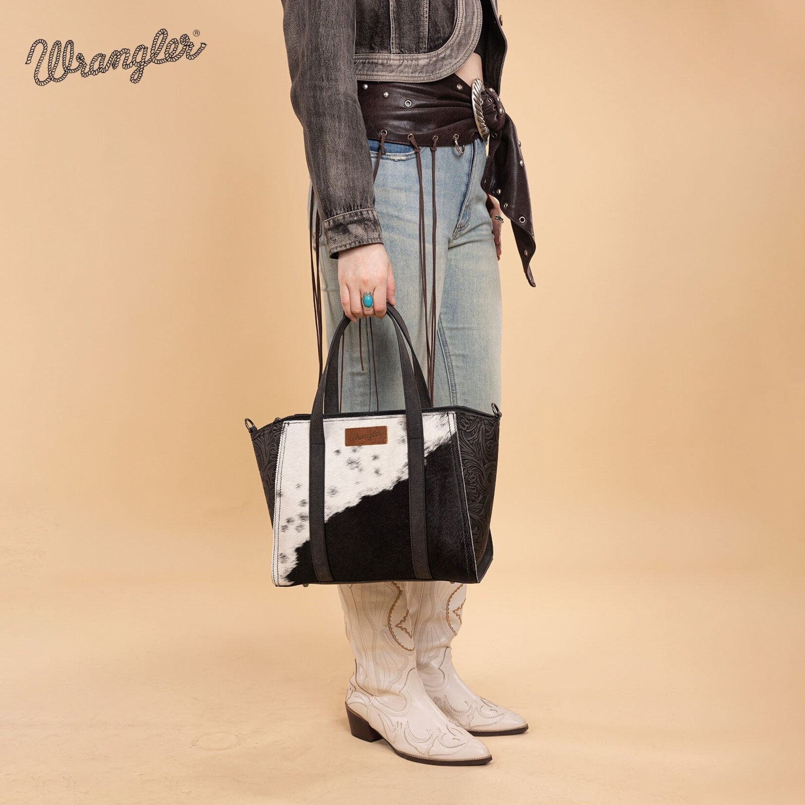 Wrangler WG252-8012BK - Black - Wrangler Genuine Hair-On Cowhide Tote/Crossbody