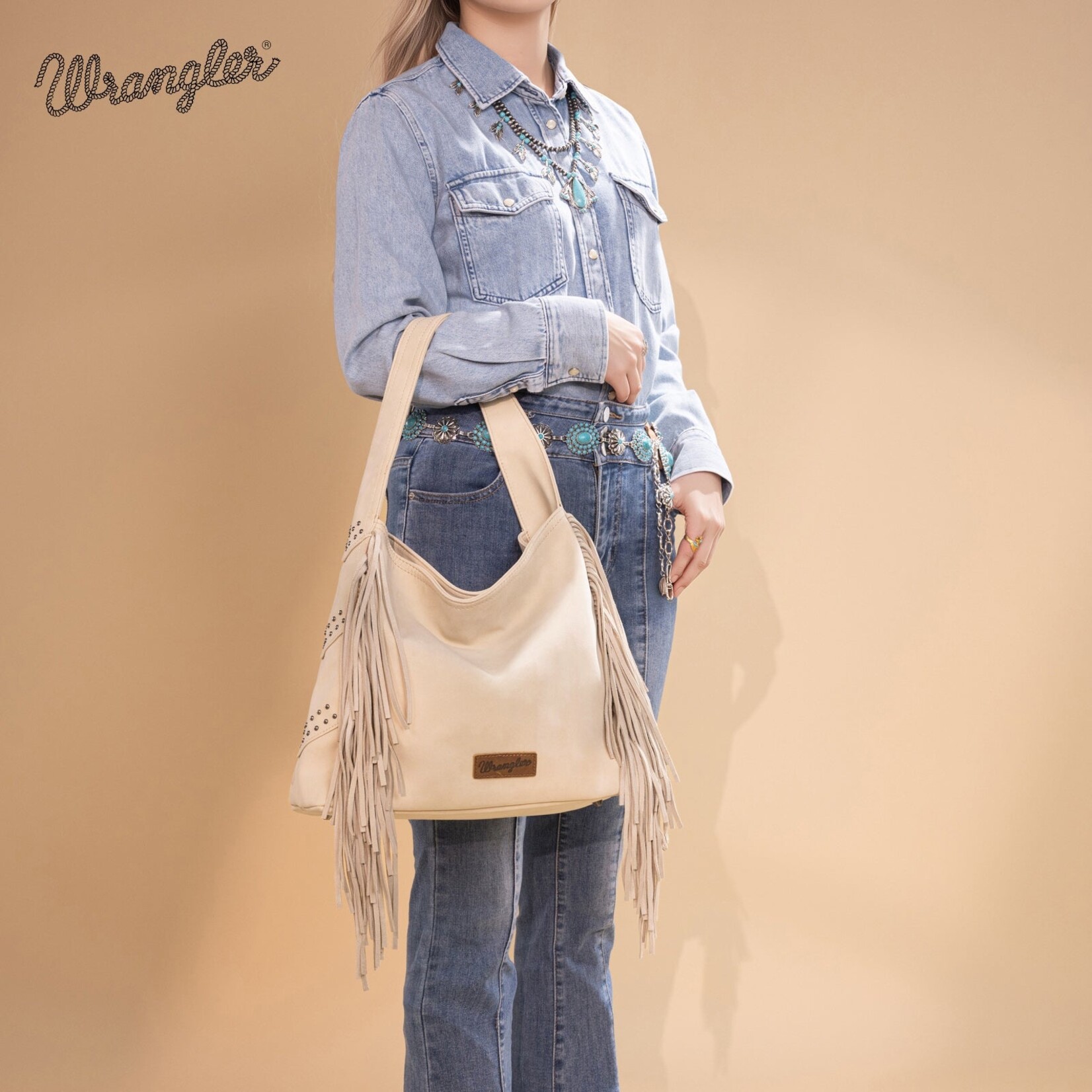 Wrangler WG244-9182BG - Beige - Wrangler Fringe Studded Hobo Bag