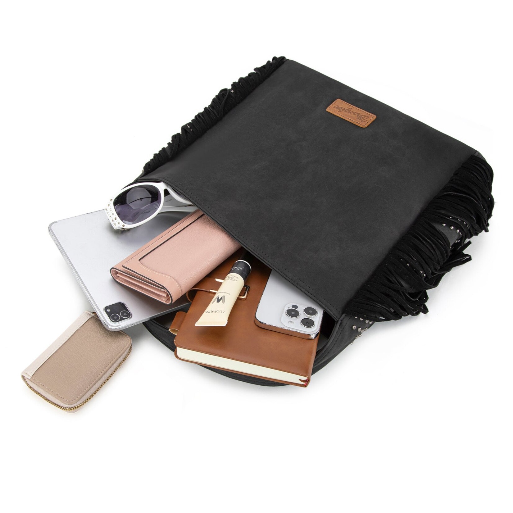 Wrangler WG244-9182BK - Black - Wrangler Fringe Studded Hobo Bag