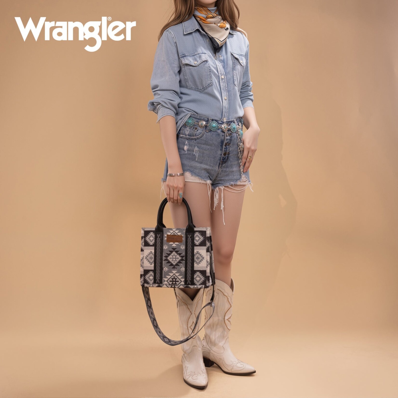 Wrangler WG2209-8120SBK - Black - Wrangler Aztec Pattern Dual Sided Print -Tote/Crossbody