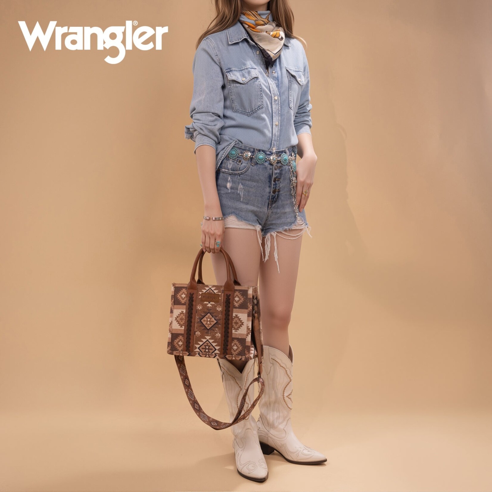 Wrangler WG2209-8120SBR - Brown - Wrangler Aztec Pattern Dual Sided Print -Tote/Crossbody