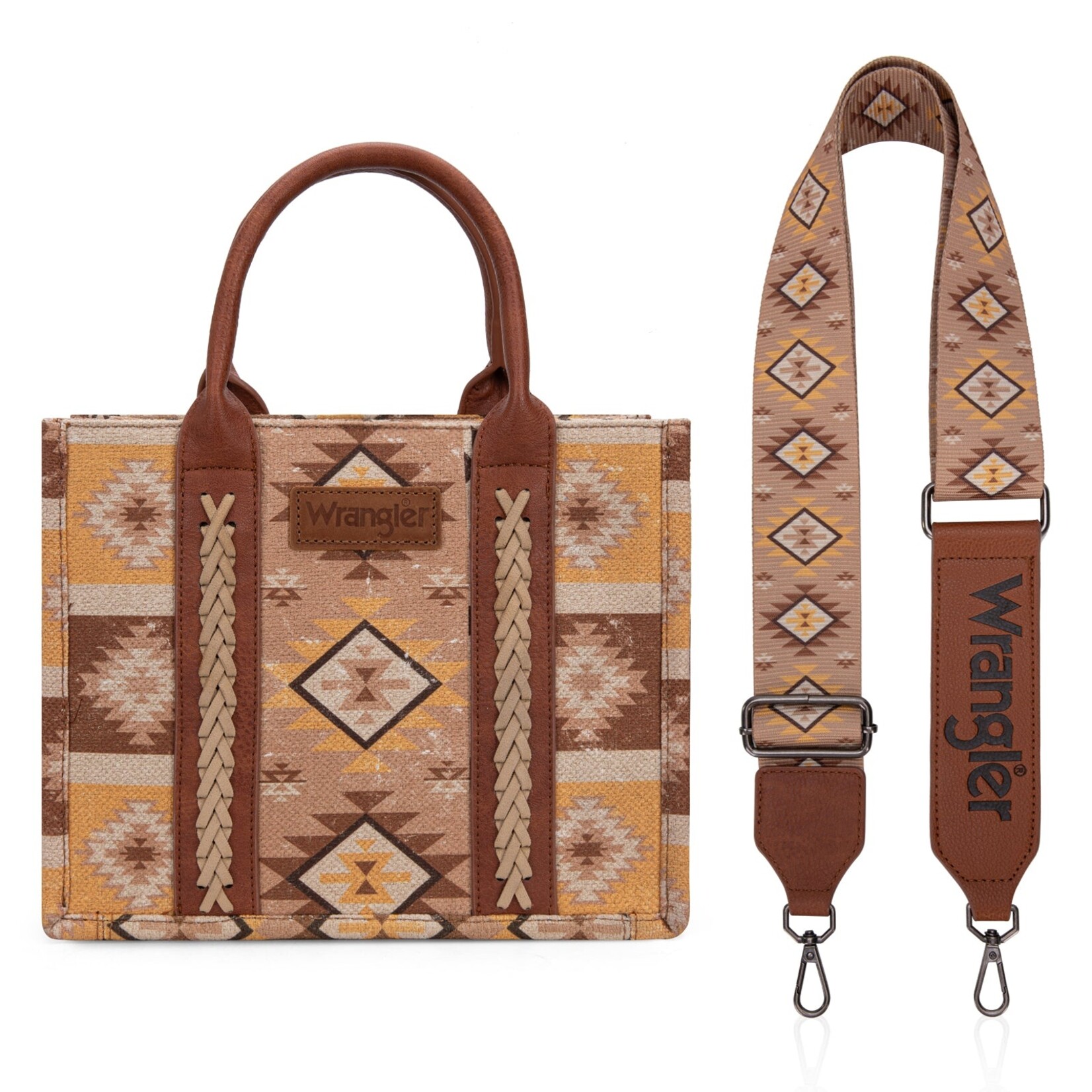 Wrangler WG2209-8120STN - Tan - Wrangler Aztec Pattern Dual Sided Print -Tote/Crossbody