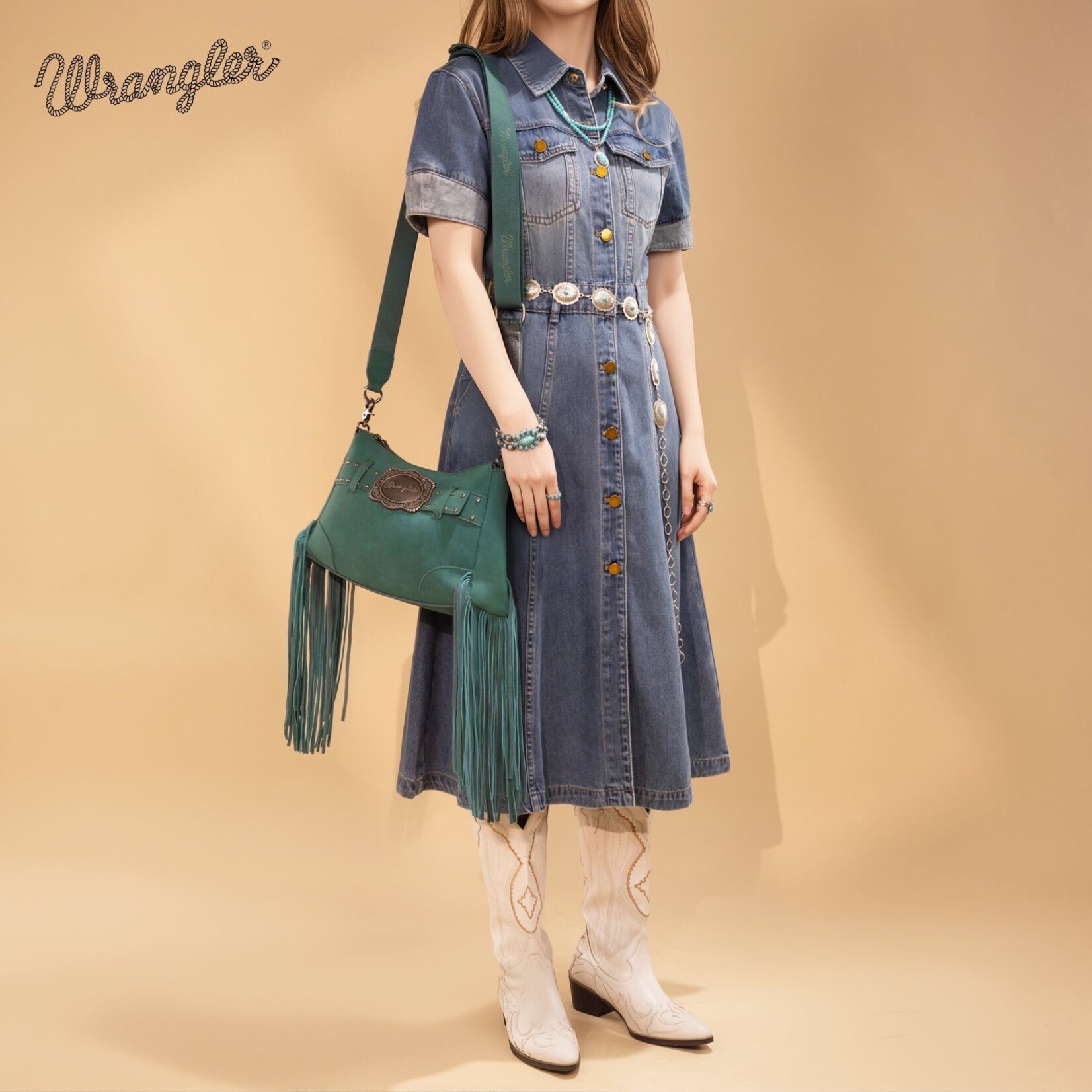 Wrangler WG241-2022TQ - Turquoise - Wrangler Fringe Buckle Hobo Bag/Crossbody Bag