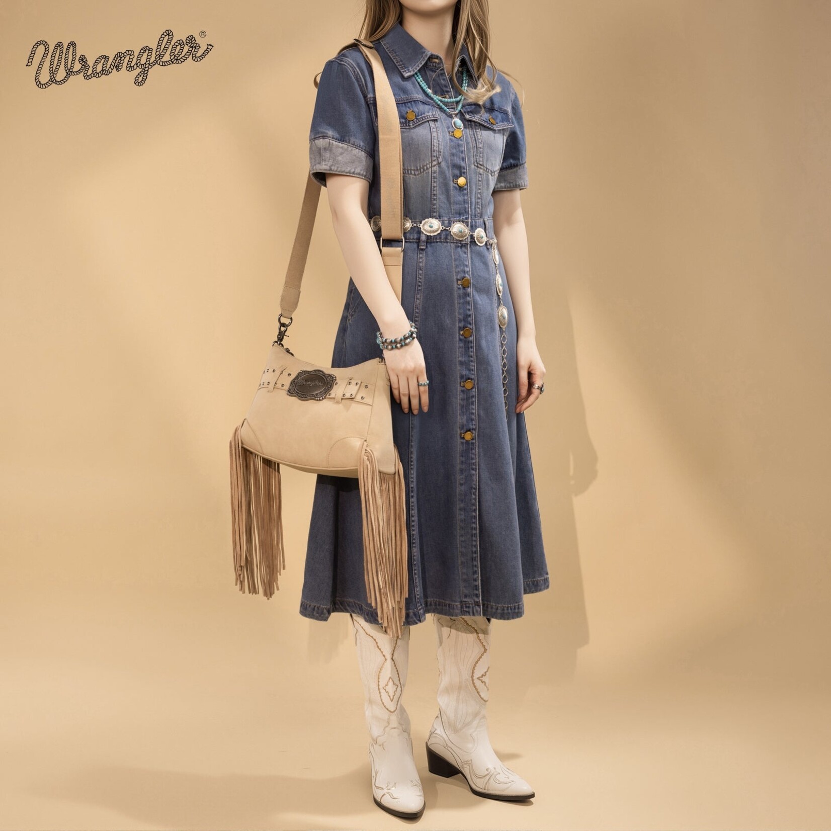 Wrangler WG241-2022TN - Tan - Wrangler Fringe Buckle Hobo Bag/Crossbody Bag