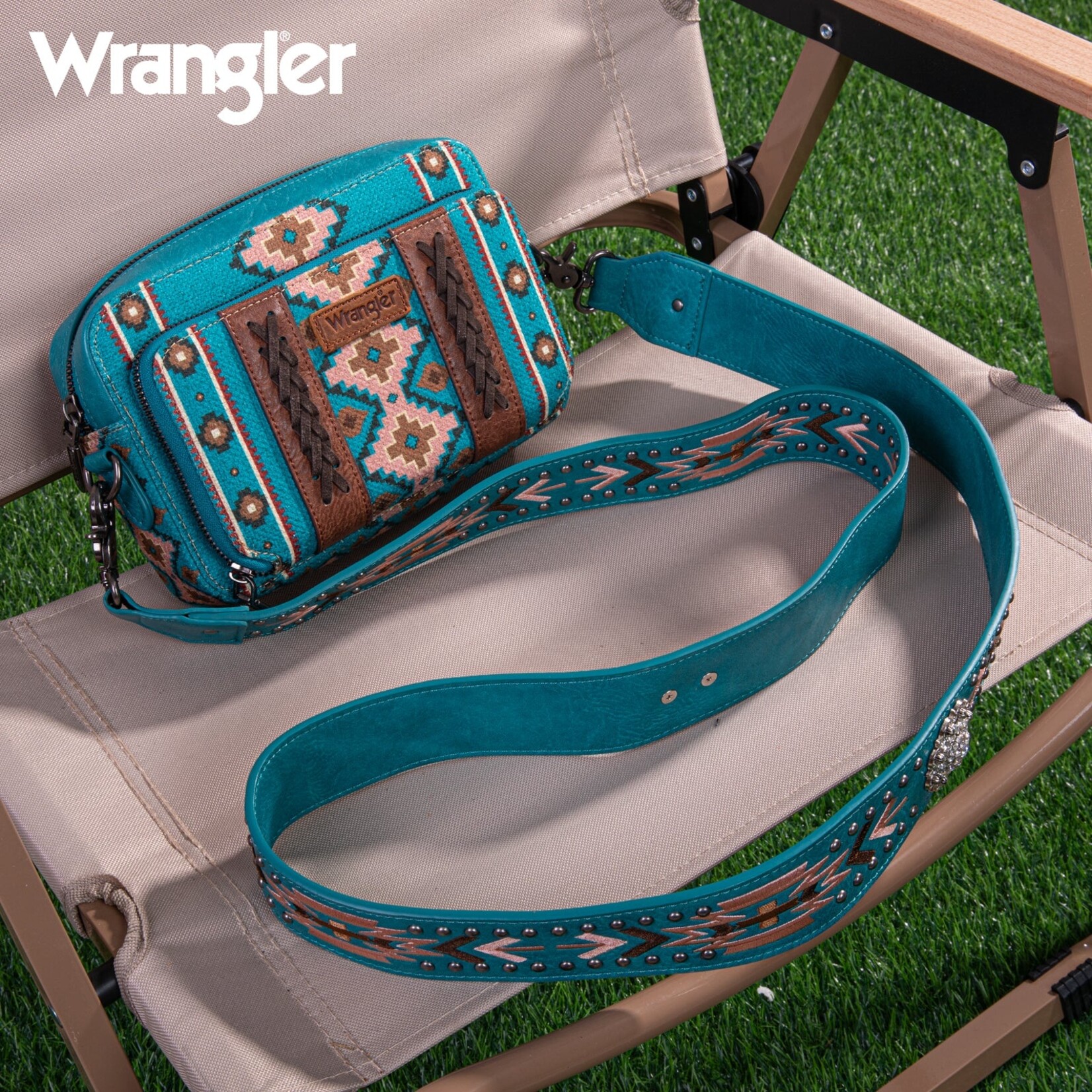 Wrangler WG2207-3003TQ - Turquoise - Wrangler Aztec Printed Crossbody Purse With Wallet Compartment