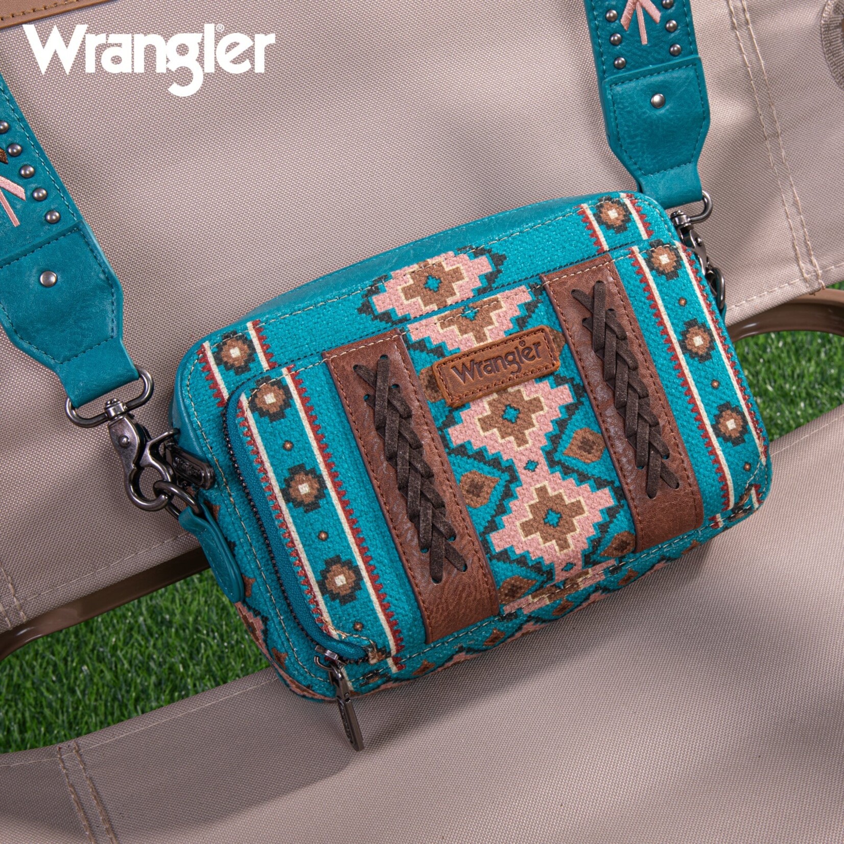 Wrangler WG2207-3003TQ - Turquoise - Wrangler Aztec Printed Crossbody Purse With Wallet Compartment