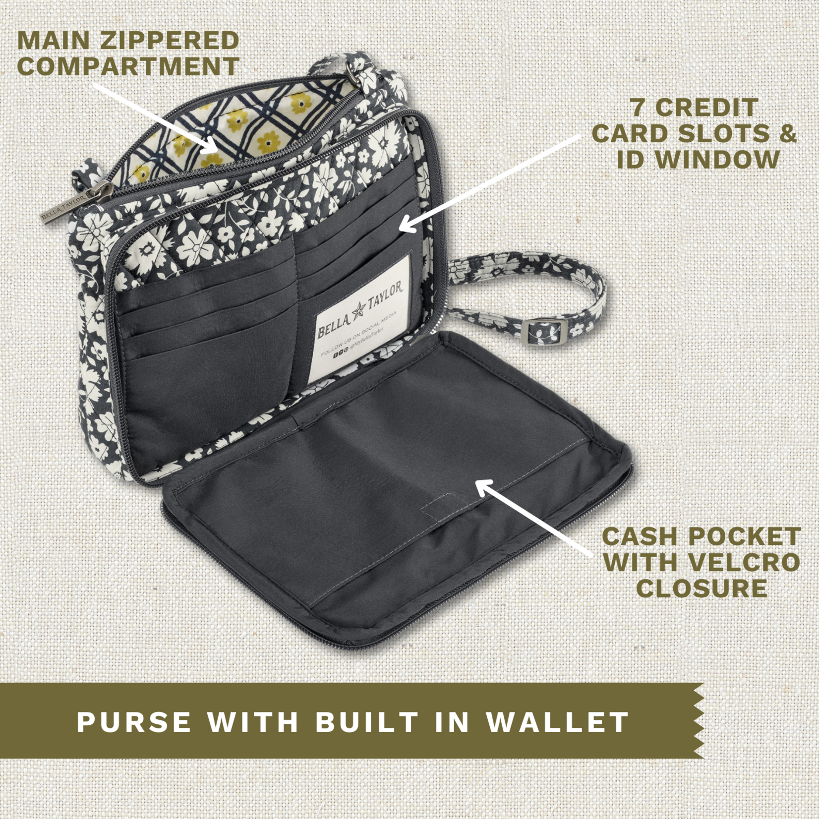 Bella Taylor Essentials Wallet Crossbody - Bicolor Floral Black