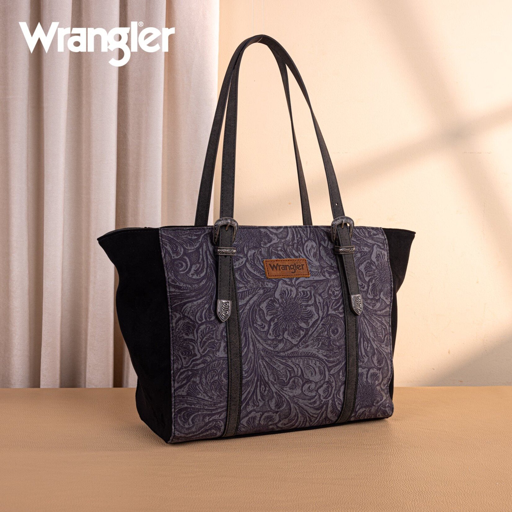 Wrangler WG277-2002BK - Black - Wrangler Vintage Floral Printed Large Tote Bag