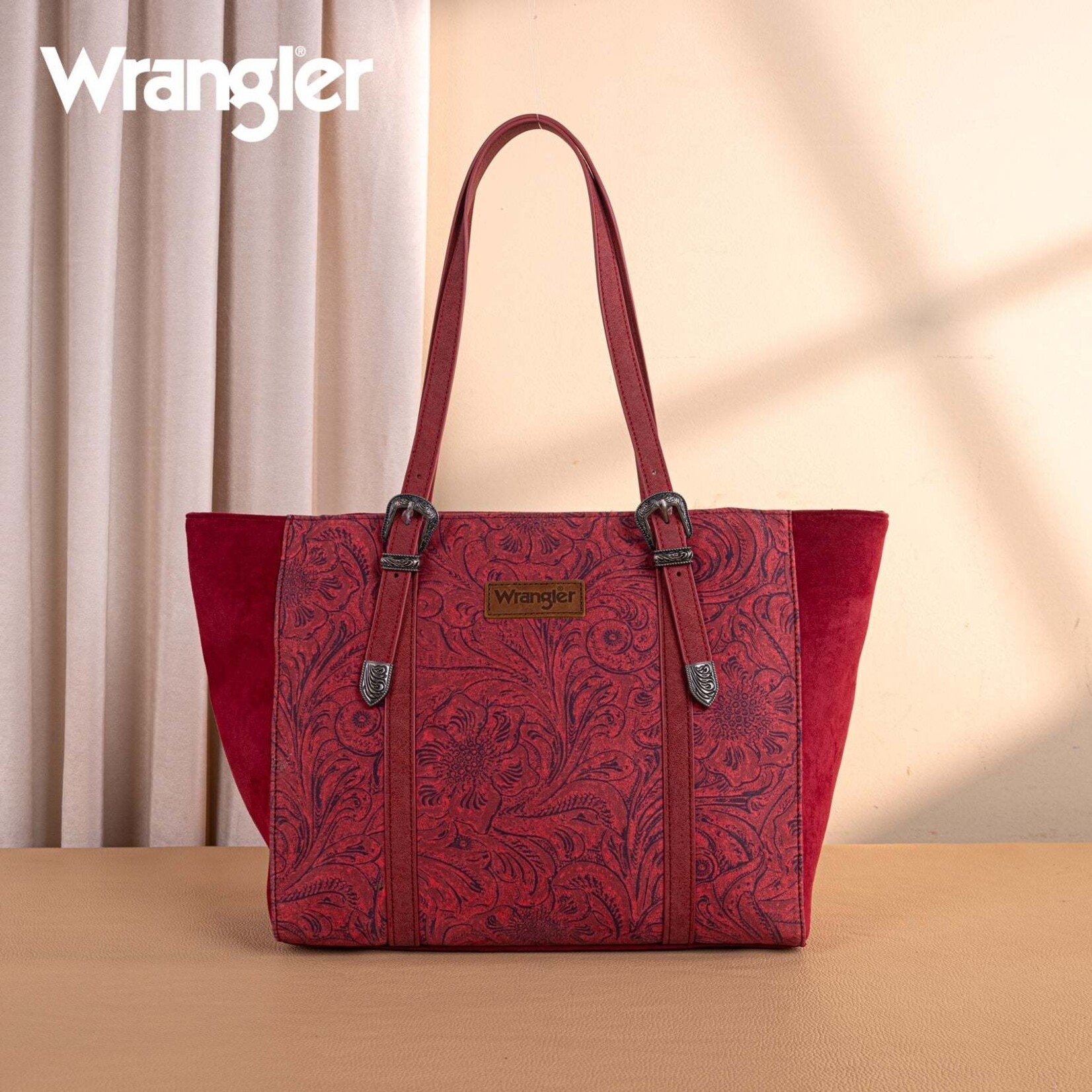 Wrangler WG277-2002BDY - Burgundy - Wrangler Vintage Floral Printed Large Tote Bag