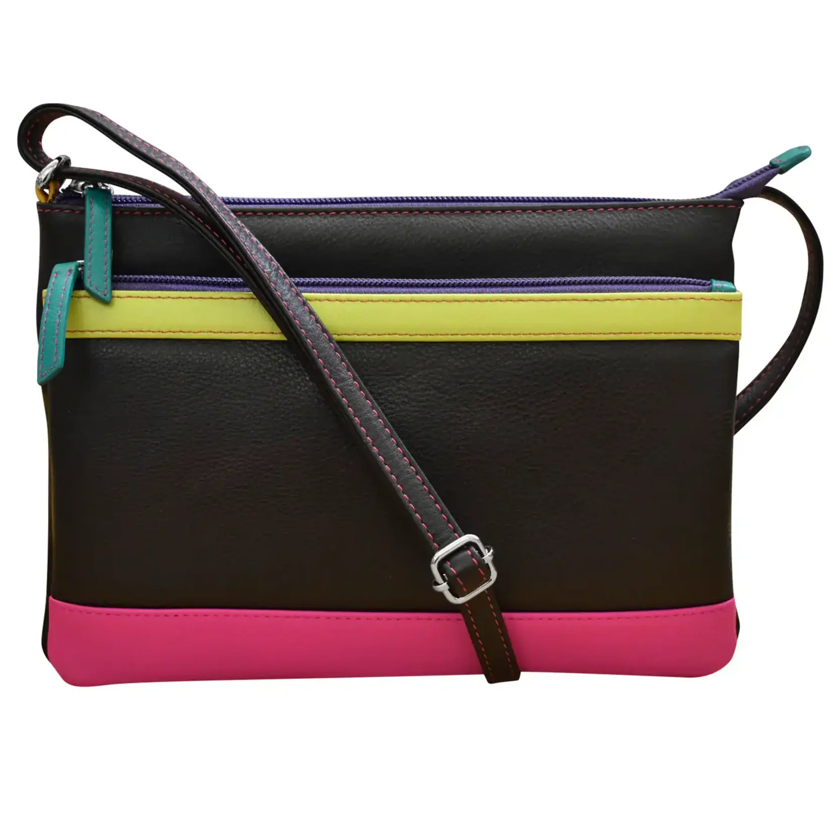 Leather Handbags and Accessories 6028 Black Brights - Double Zip Crossbody
