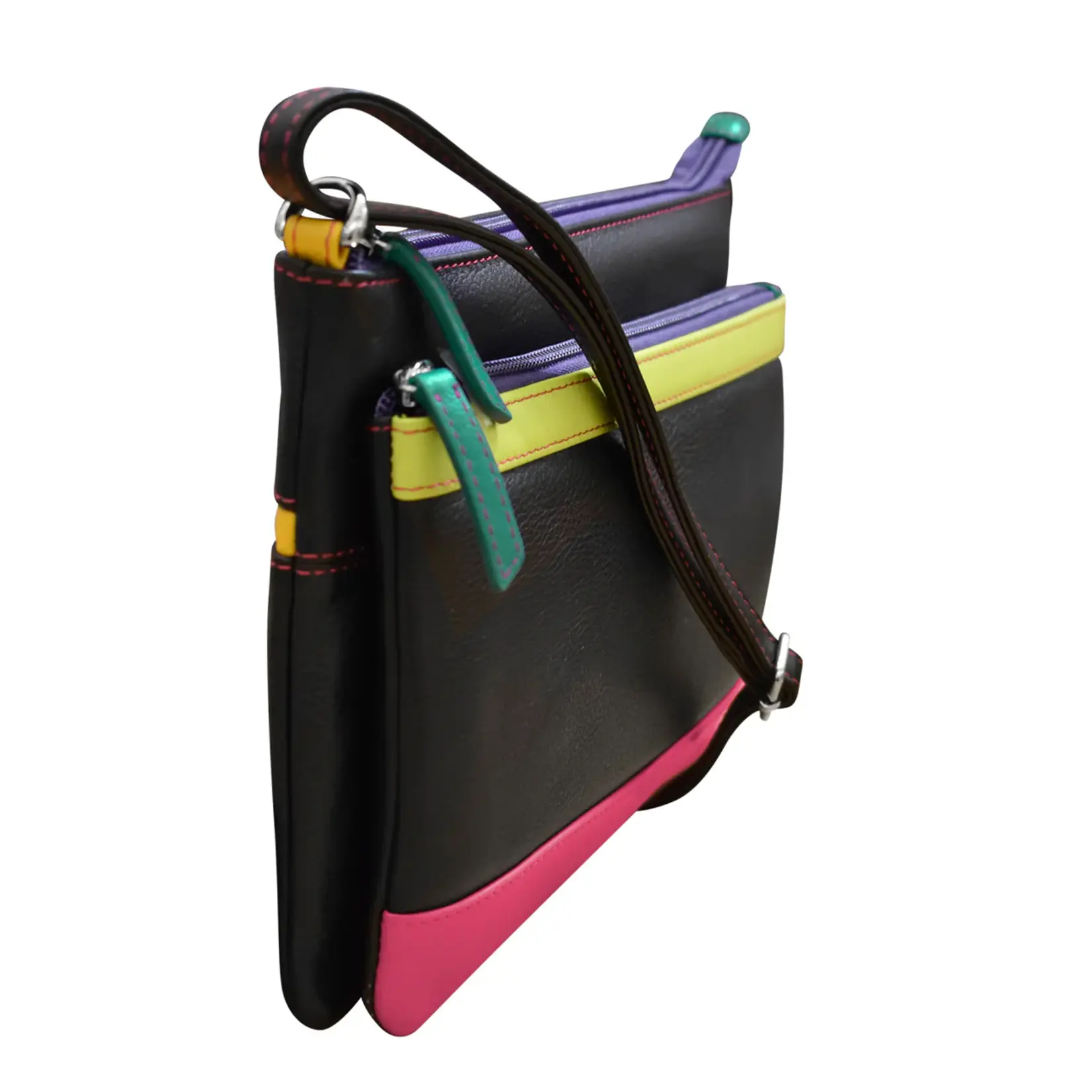 Leather Handbags and Accessories 6028 Black Brights - Double Zip Crossbody