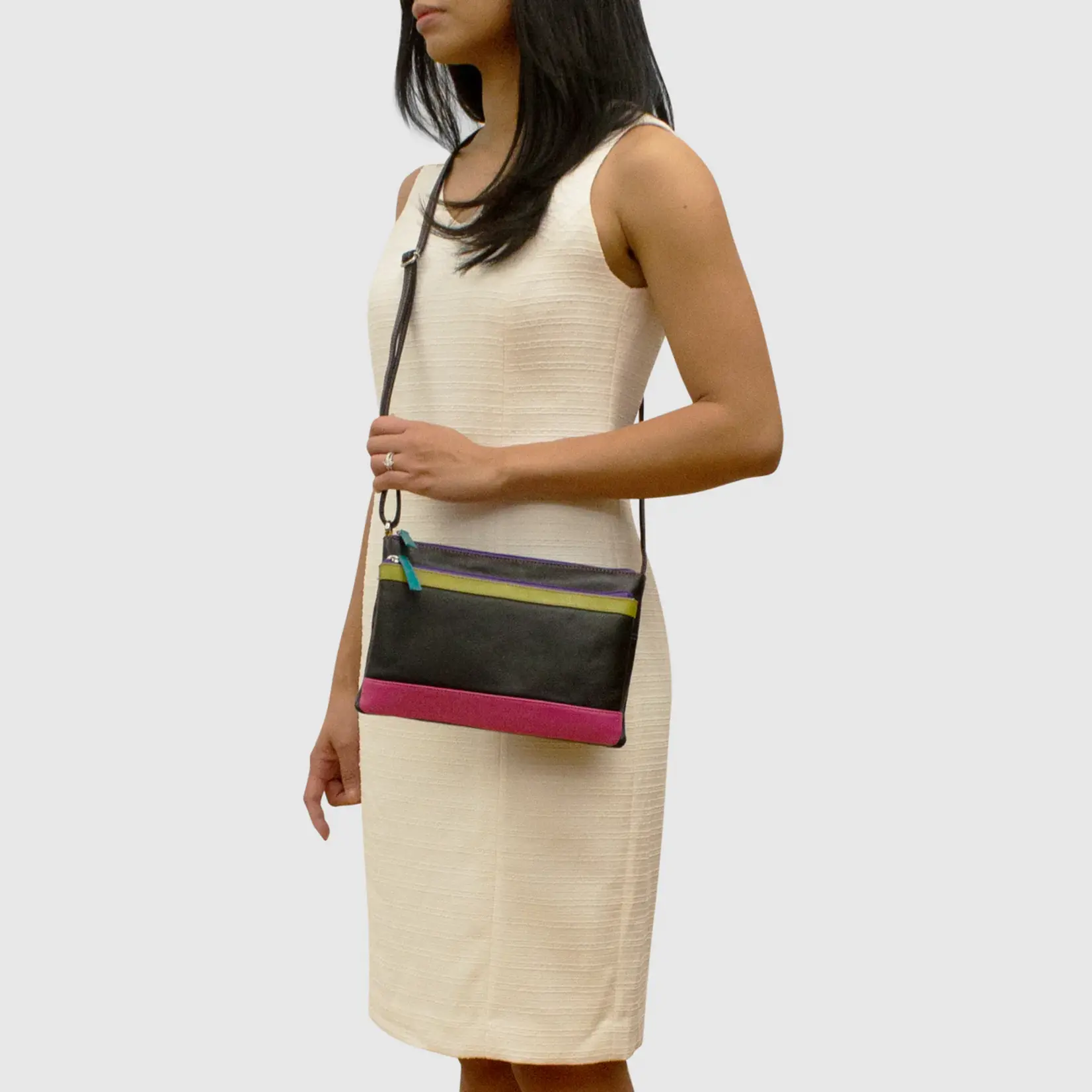 Leather Handbags and Accessories 6028 Black Brights - Double Zip Crossbody
