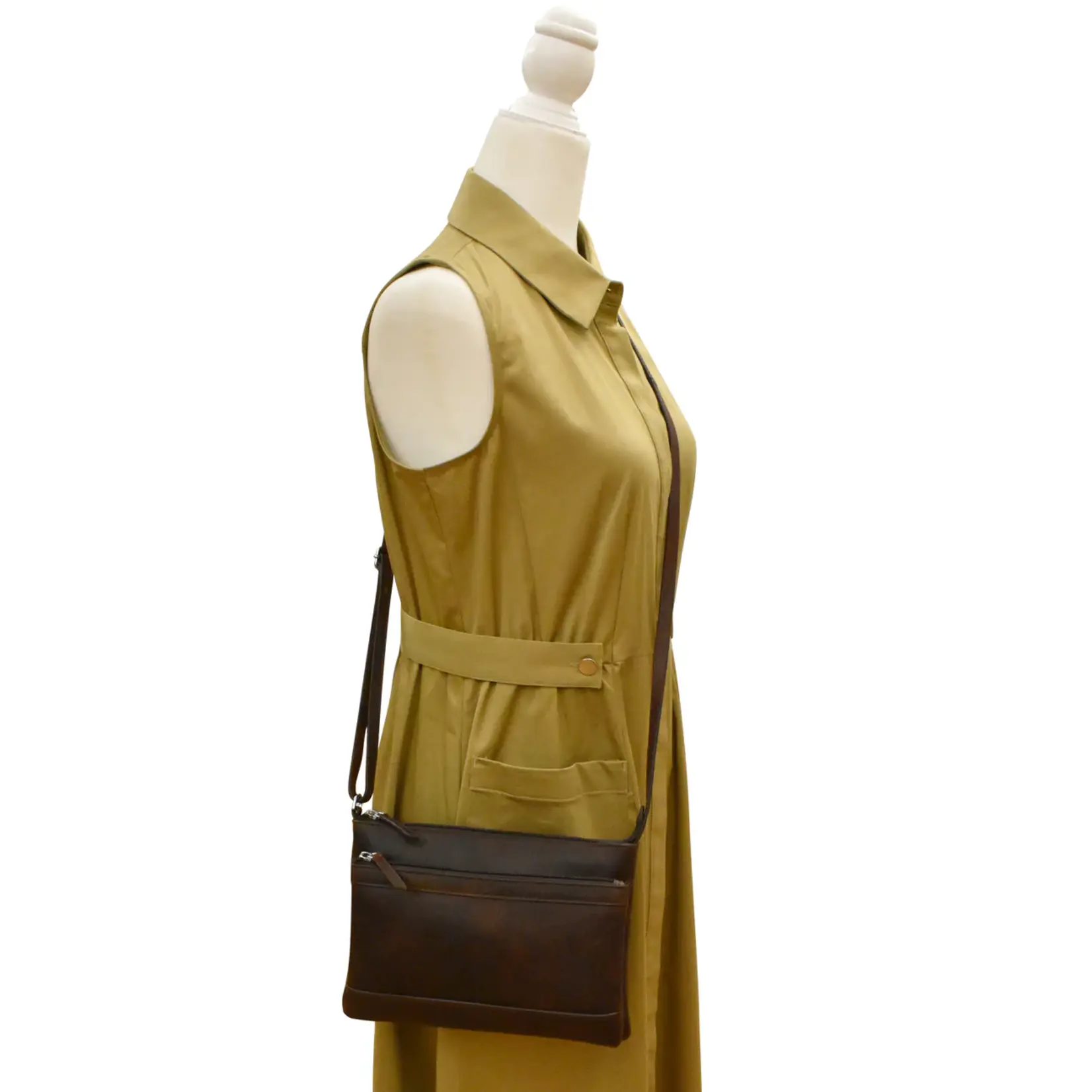 Leather Handbags and Accessories 6028 Chocolate (Distressed) - Double Zip Crossbody